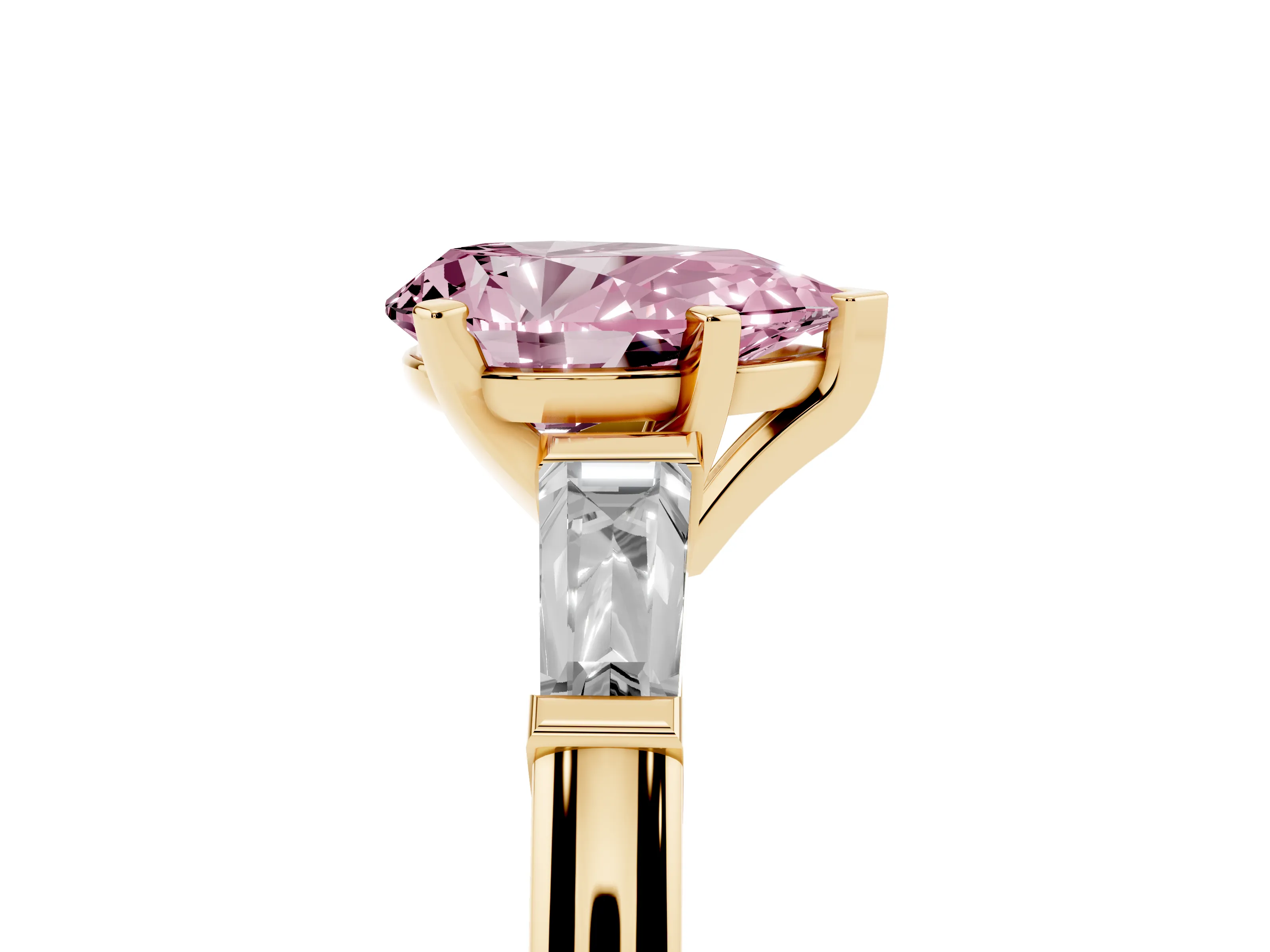 Fancy Pink Pear Cut Diamond Solitaire Ring Set in Yellow gold with Tapered Baguette Side Stones and Prong Setting