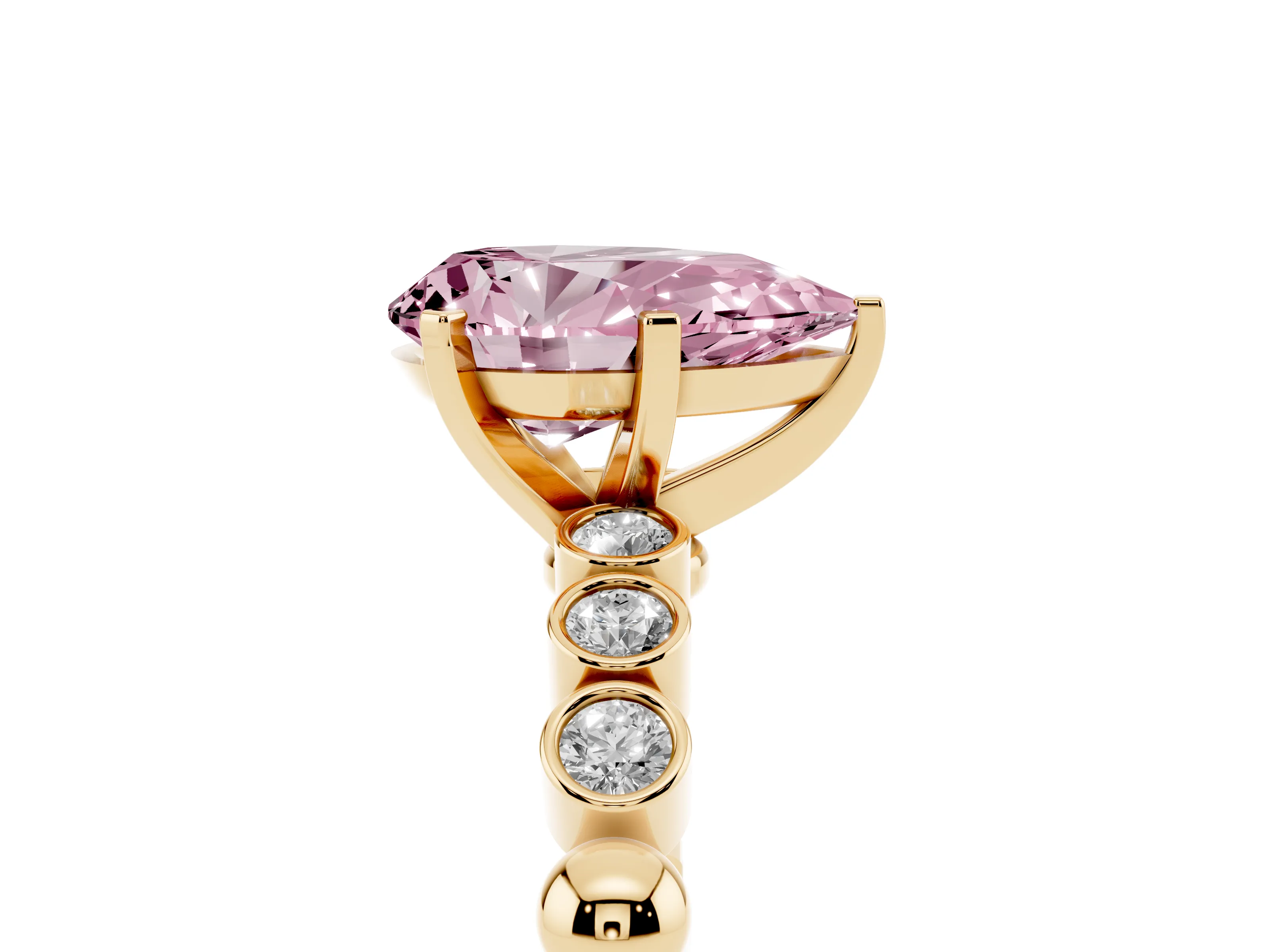 Fancy Pink Pear Cut Diamond Solitaire Engagement Ring Set in Yellow gold with Bezel Accents on Beaded Band