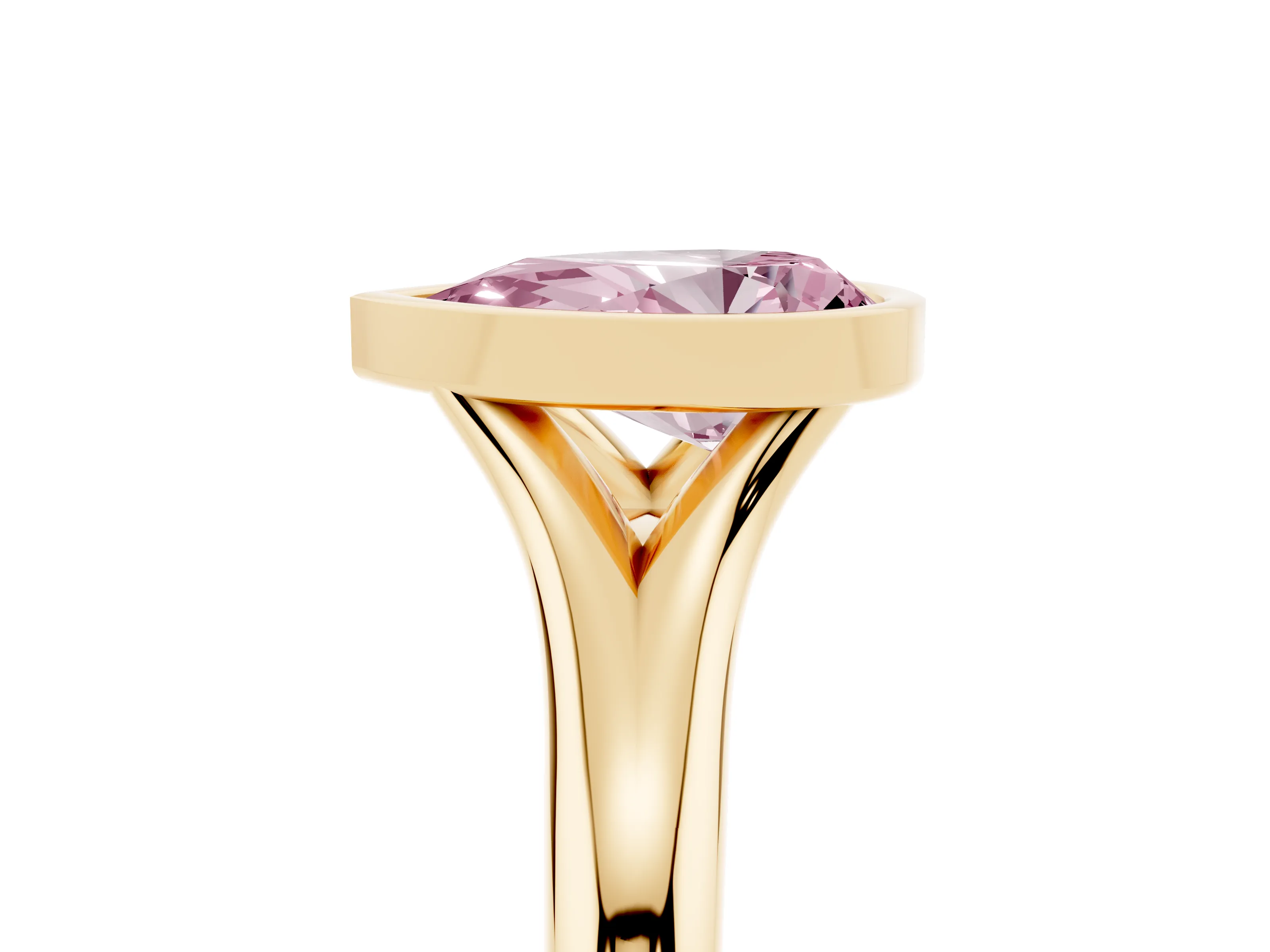Fancy Pink Bezel Set Pear Cut Diamond Solitaire Ring Set in Yellow gold with Smooth Band