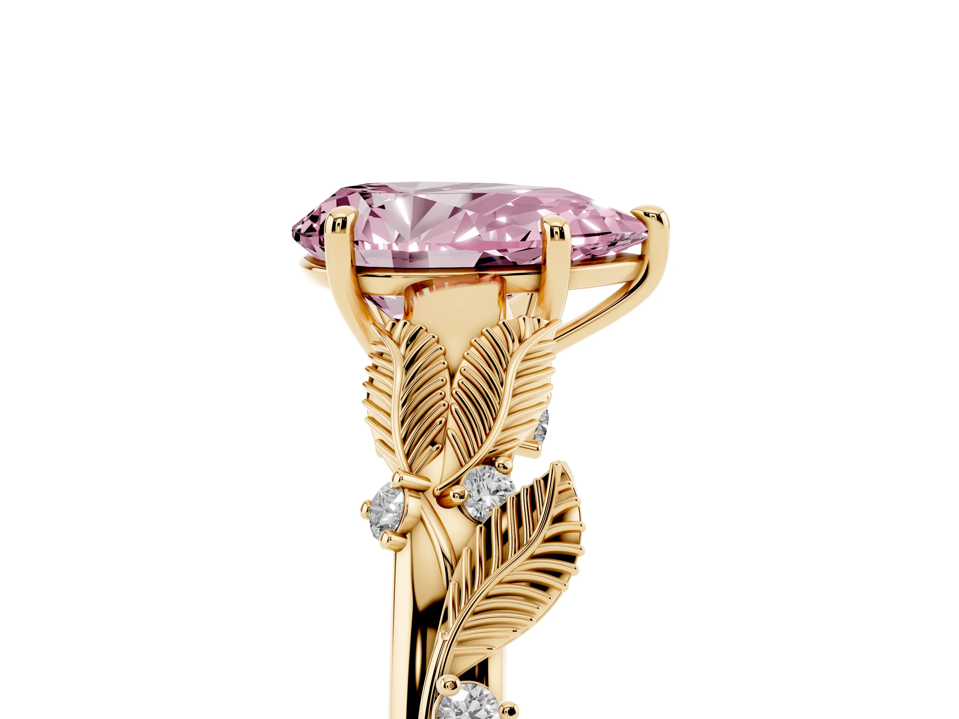 Fancy Pink Pear Cut Diamond Solitaire Ring Set in Yellow gold with Leaf Motif Band