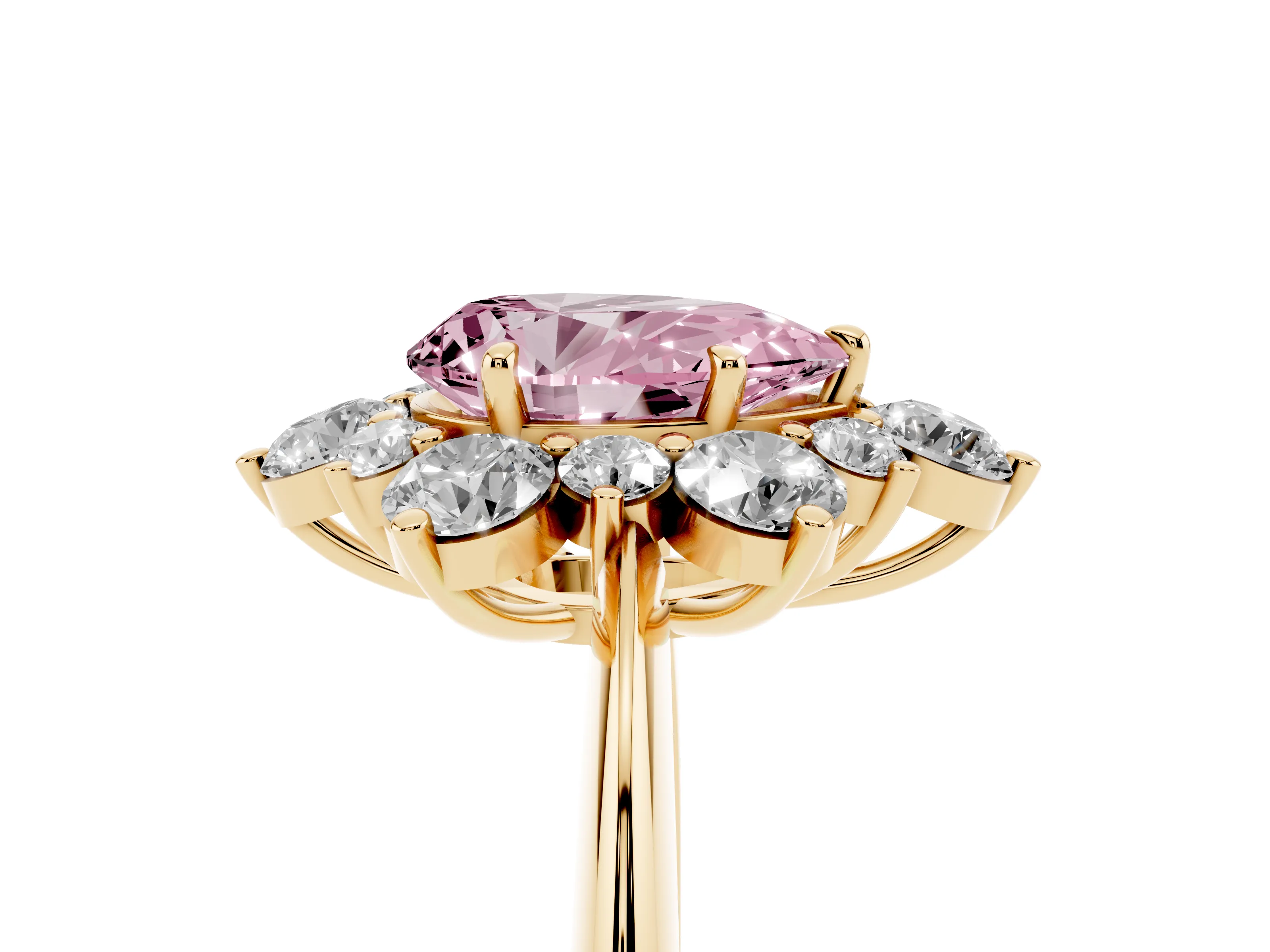Fancy Pink Pear Cut Diamond Cluster Halo Ring Set in Yellow gold with Solitaire Band and Prong Setting