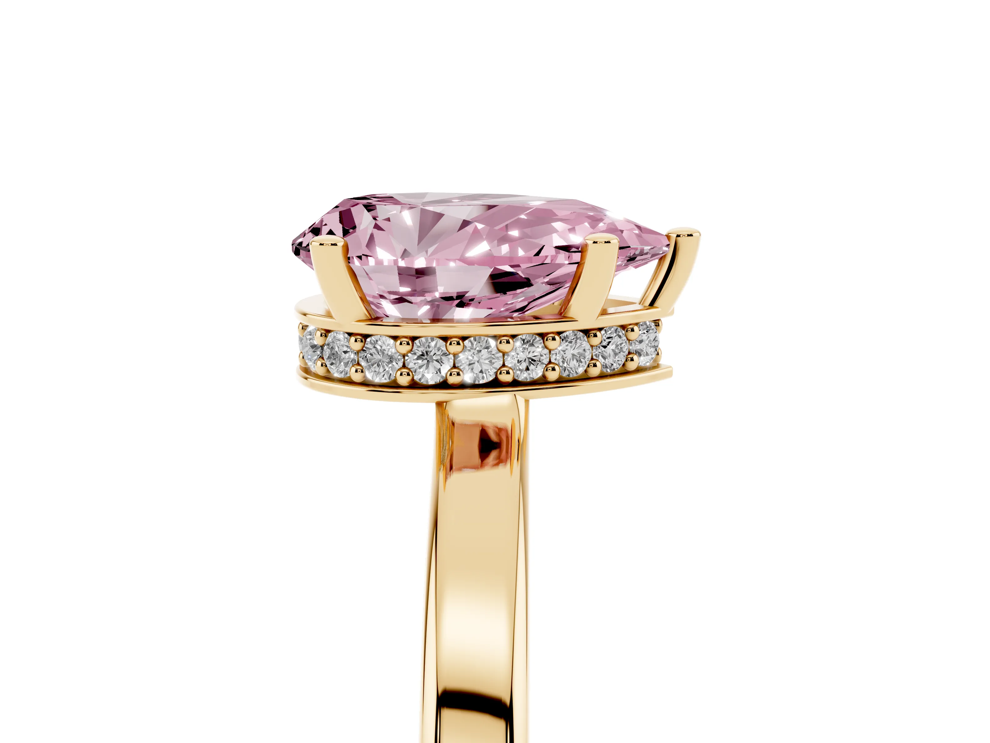 Fancy Pink Pear Cut Diamond Solitaire Engagement Ring Set in Yellow gold with Prong Setting on a Plain Band