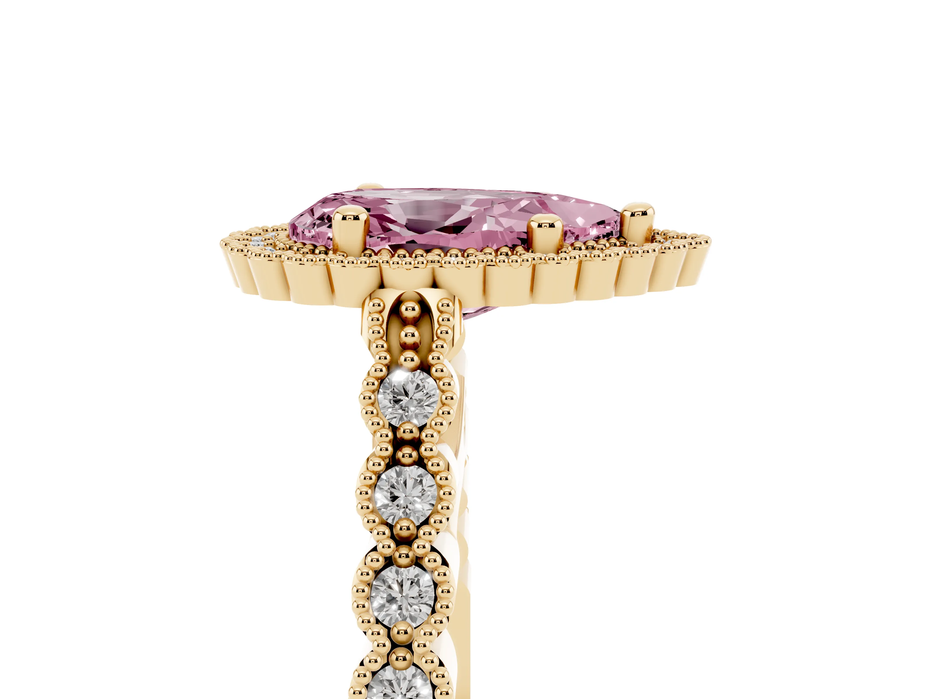 Fancy Pink Pear Cut Diamond Halo Ring Set in Yellow gold with Pavé Milgrain Band
