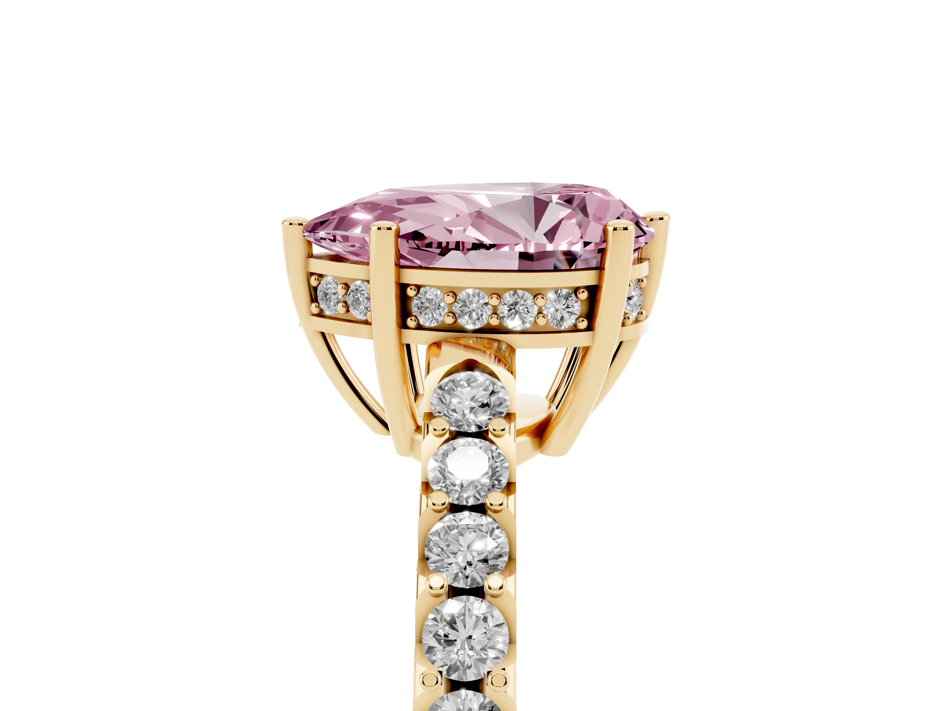Fancy Pink Pear Cut Diamond Solitaire Engagement Ring Set in Yellow gold with Pavé Band and Prong Setting