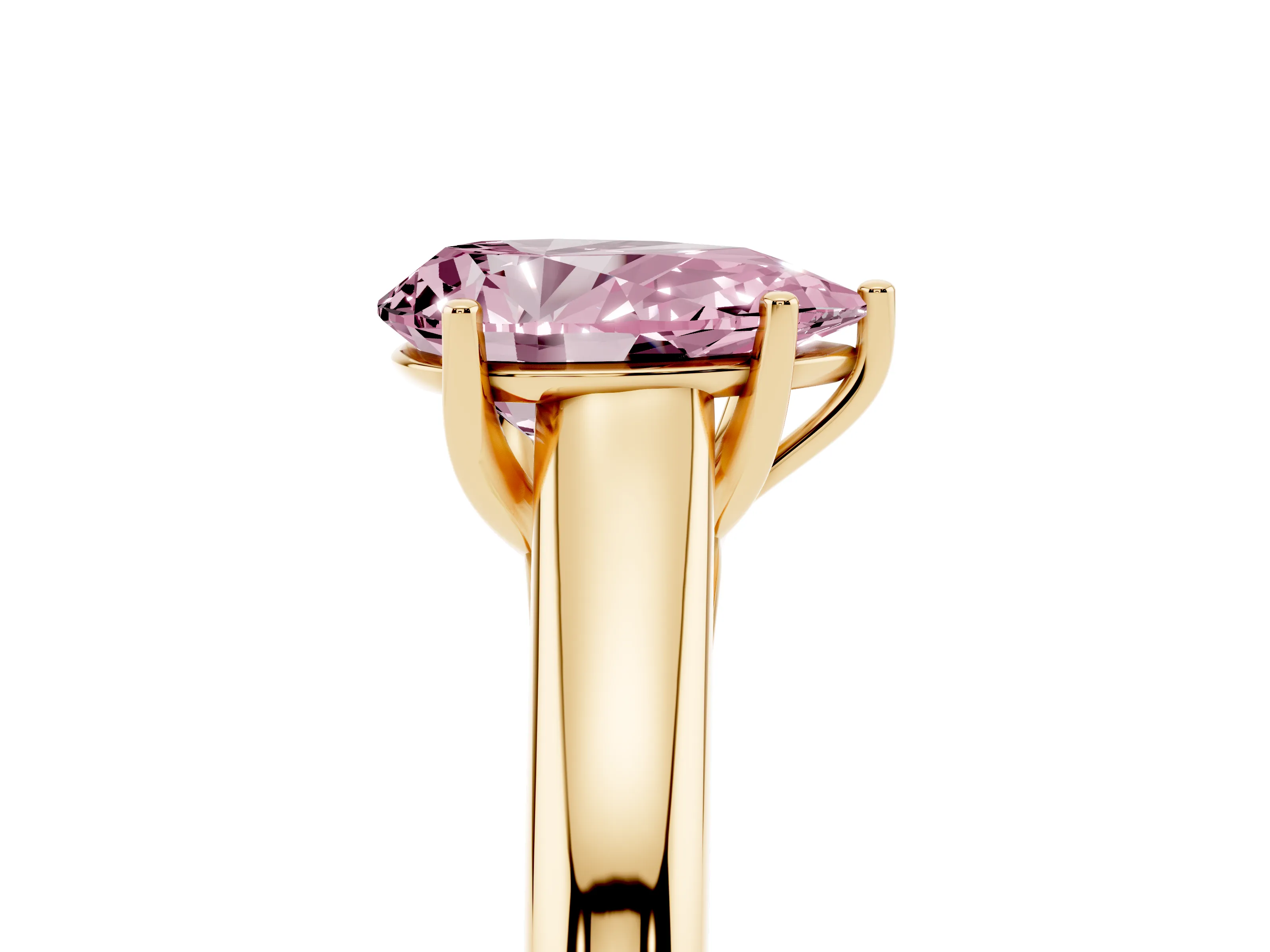 Fancy Pink Pear Cut Diamond Solitaire Engagement Ring Set in Yellow gold with Subtly Tapered Band and Prong Setting