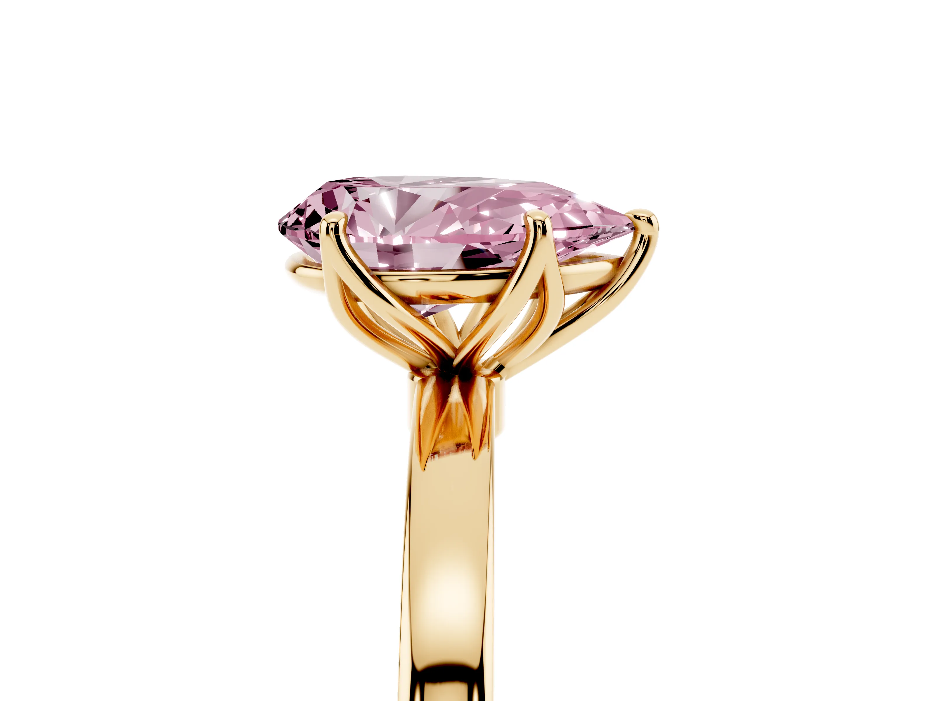 Fancy Pink Pear Cut Diamond Solitaire Ring Set in Yellow gold with Prong Setting and Thin Polished Band