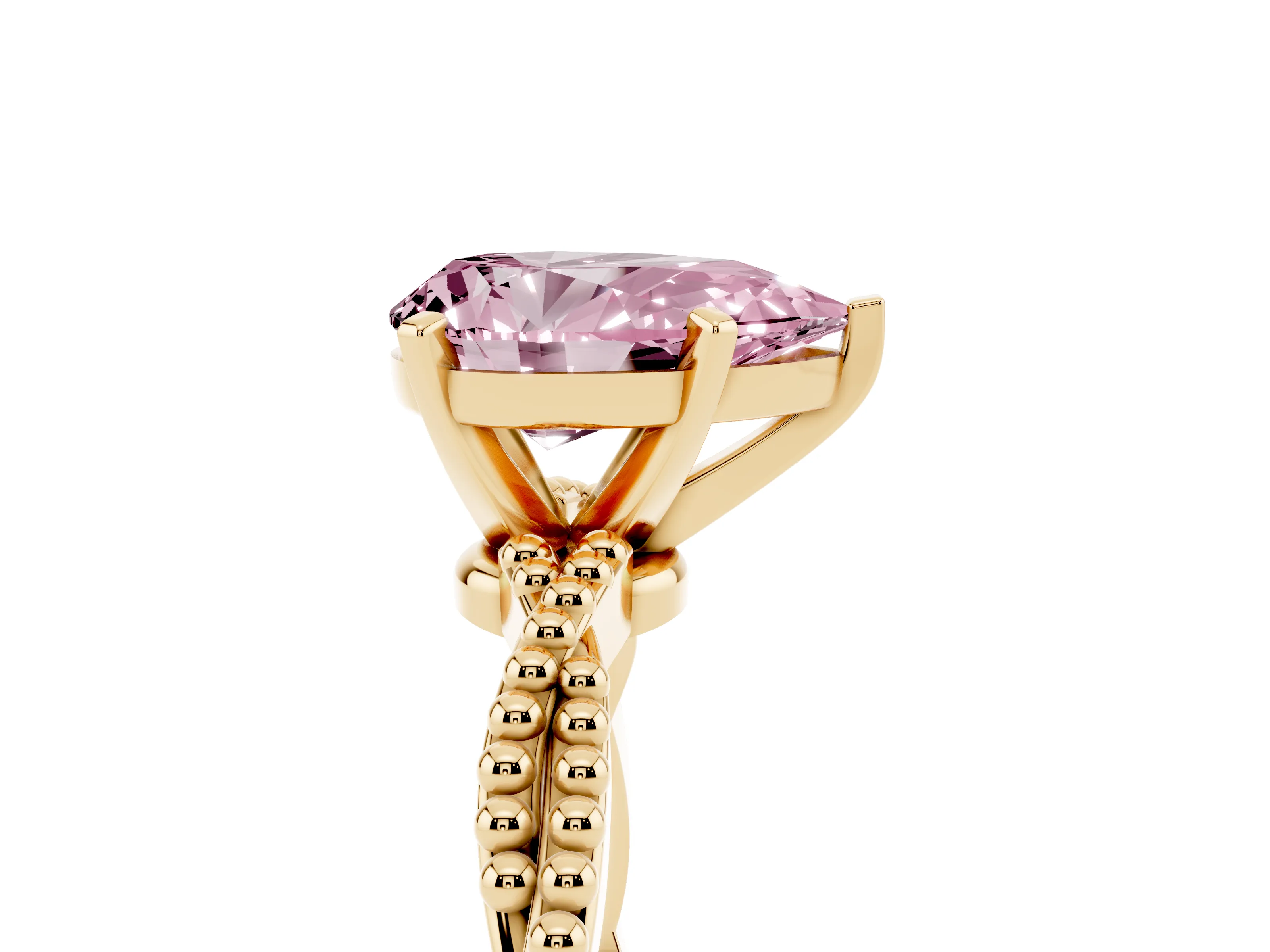 Fancy Pink Pear Cut Diamond Solitaire Ring Set in Yellow gold with Twisted Band and Bead Prong Setting