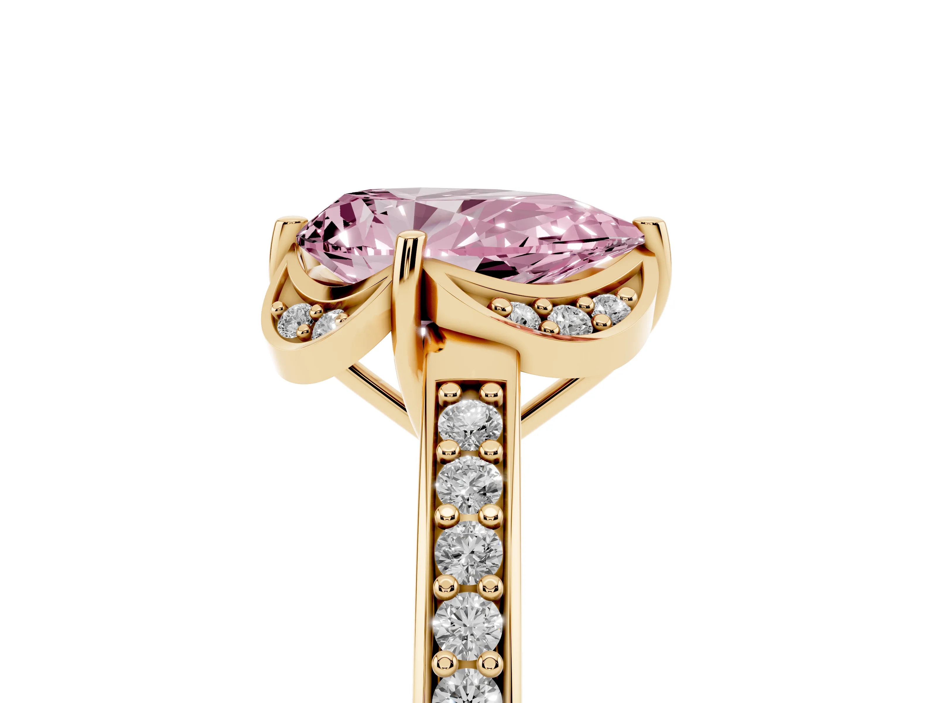 Fancy Pink Pear Cut Diamond Halo Ring Set in Yellow gold with Channel Set Band and Prong Setting