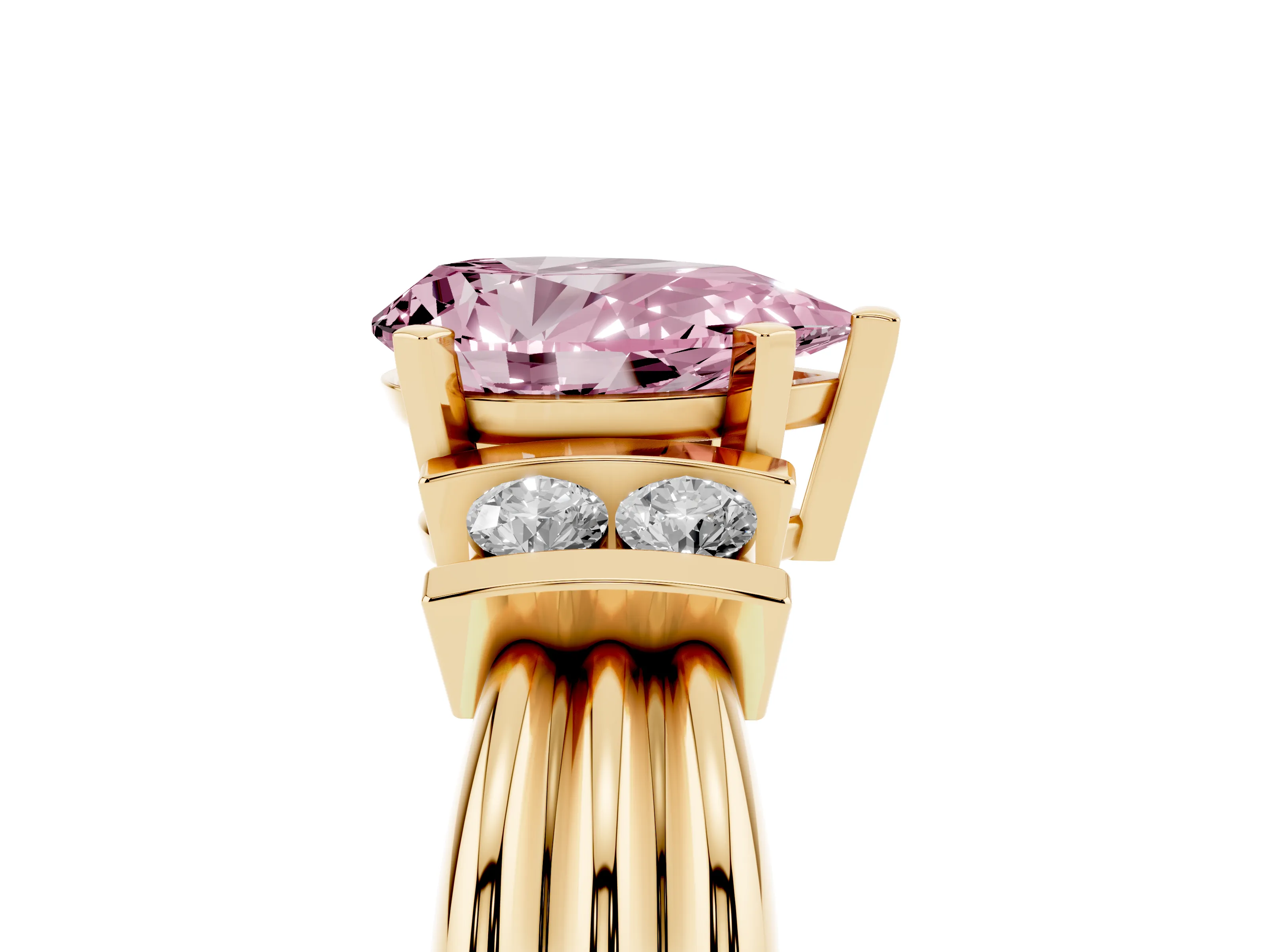Fancy Pink Three-Stone Pear Cut Diamond Channel Set Ring Set in Yellow gold with Bar Prongs