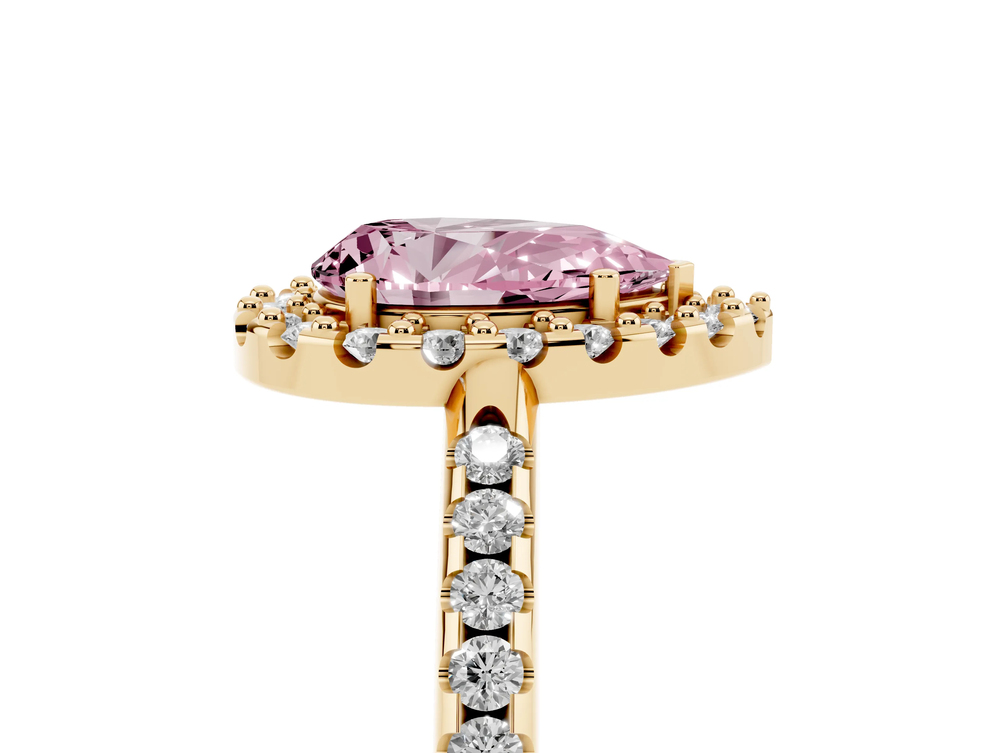 Fancy Pink Pear Cut Diamond Pavé Halo Ring Set in Yellow gold with Prong Setting