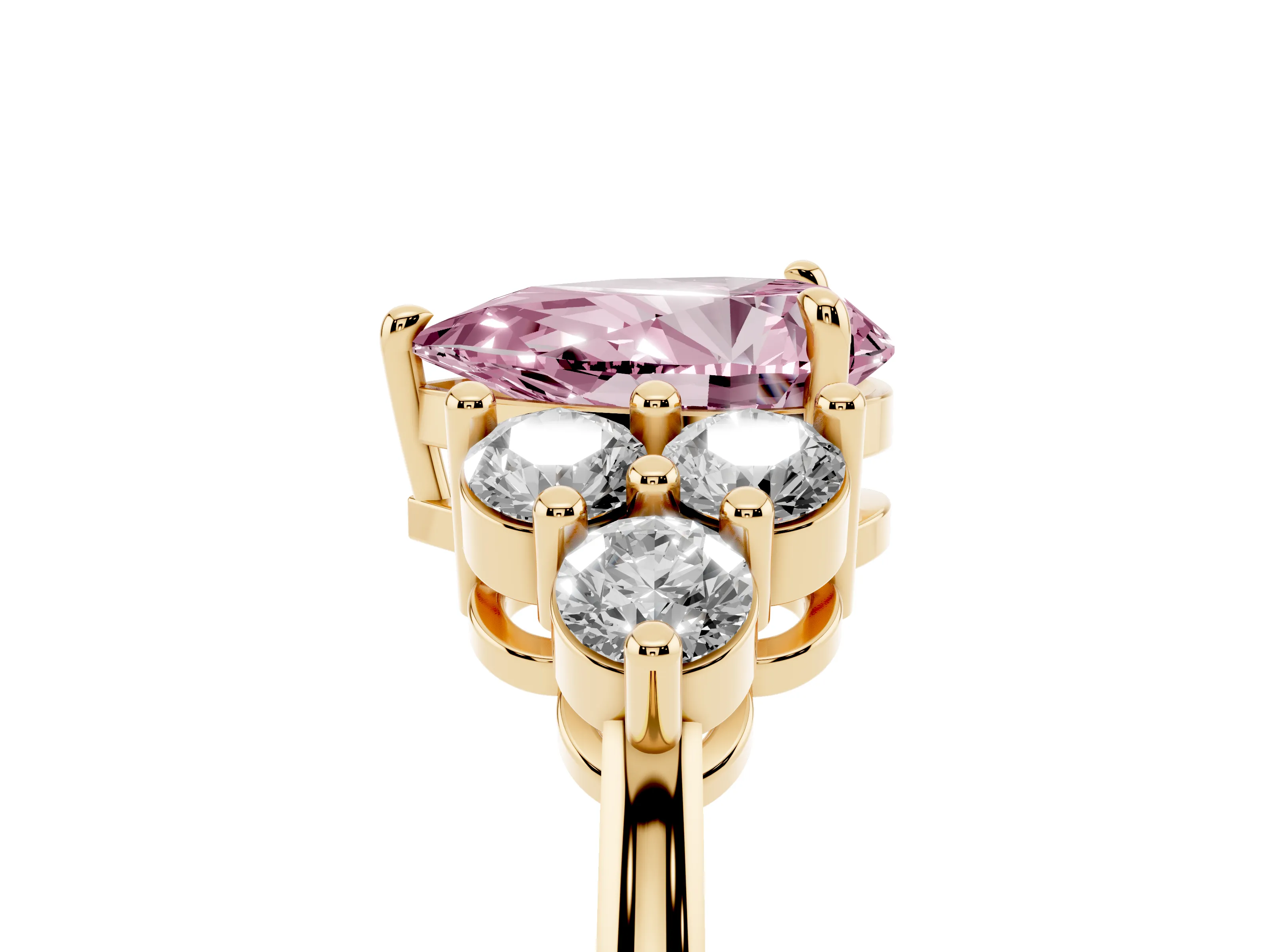 Fancy Pink Pear Cut Diamond Solitaire Ring Set in Yellow gold with Cluster Accents on Each Side