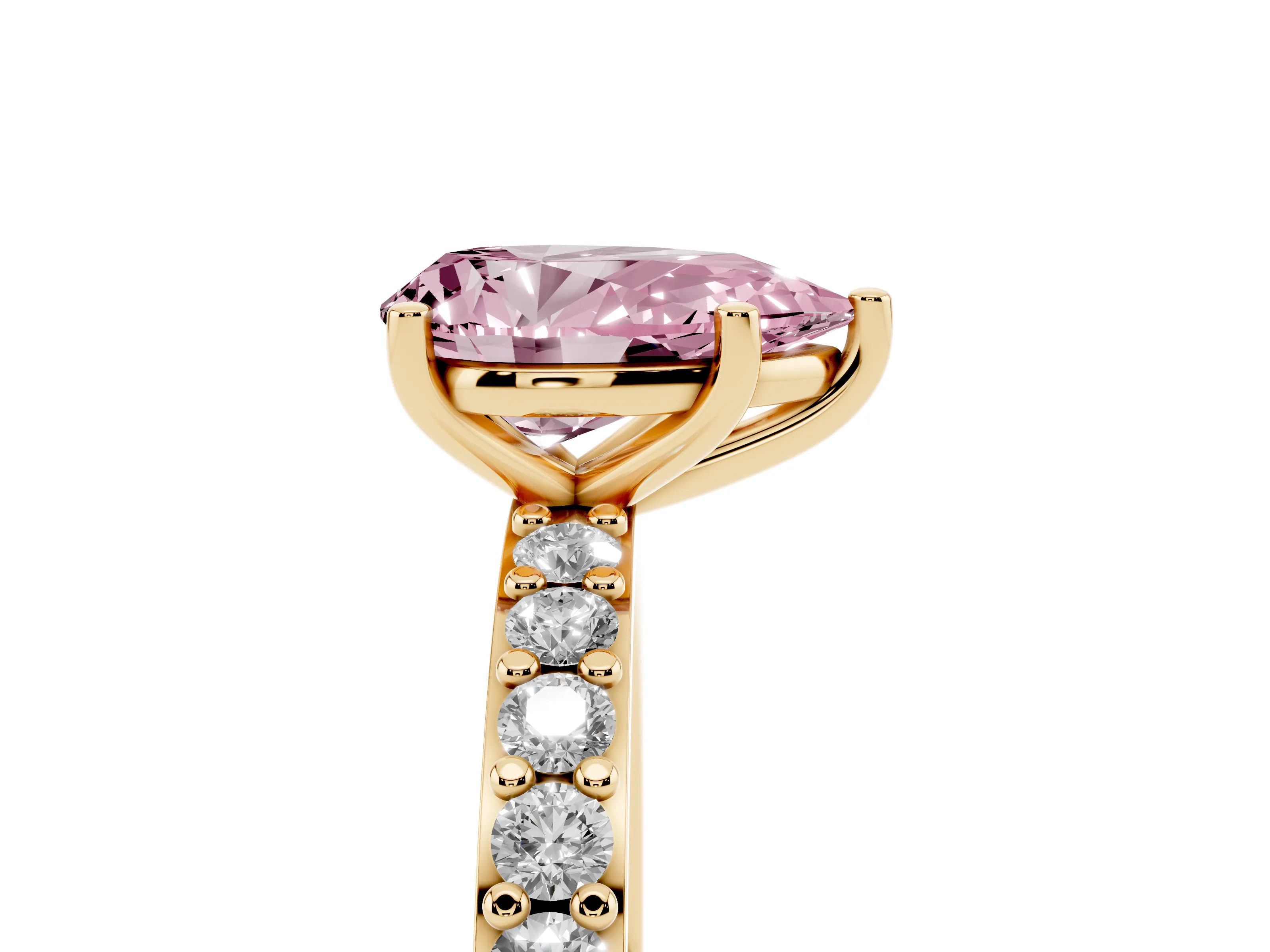 Fancy Pink Pear Cut Diamond Solitaire Set in Yellow gold with Round Pavé Band and Prong Setting