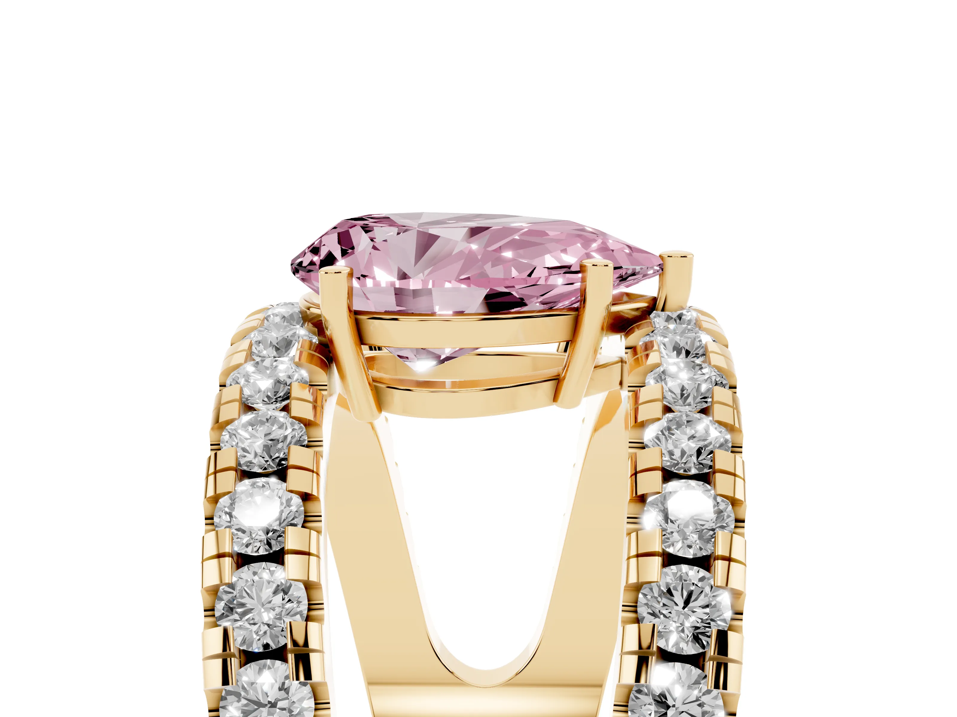 Fancy Pink Pear Cut Diamond Split Shank Pavé Solitaire Ring Set in Yellow gold with Open Shank Design