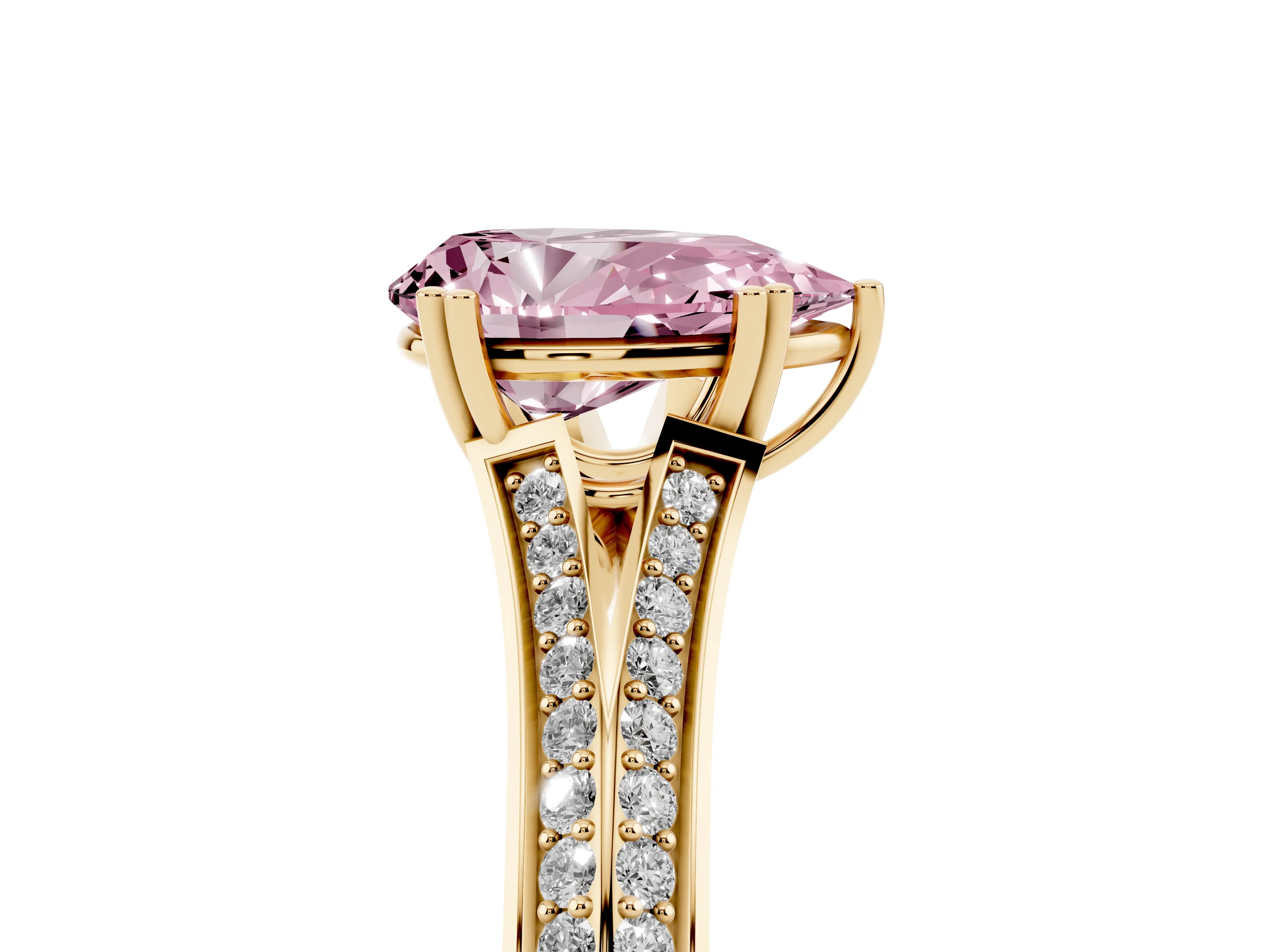 Fancy Pink Pear Cut Diamond Split Shank Pavé Engagement Ring Set in Yellow gold with Prong-Set Center Stone