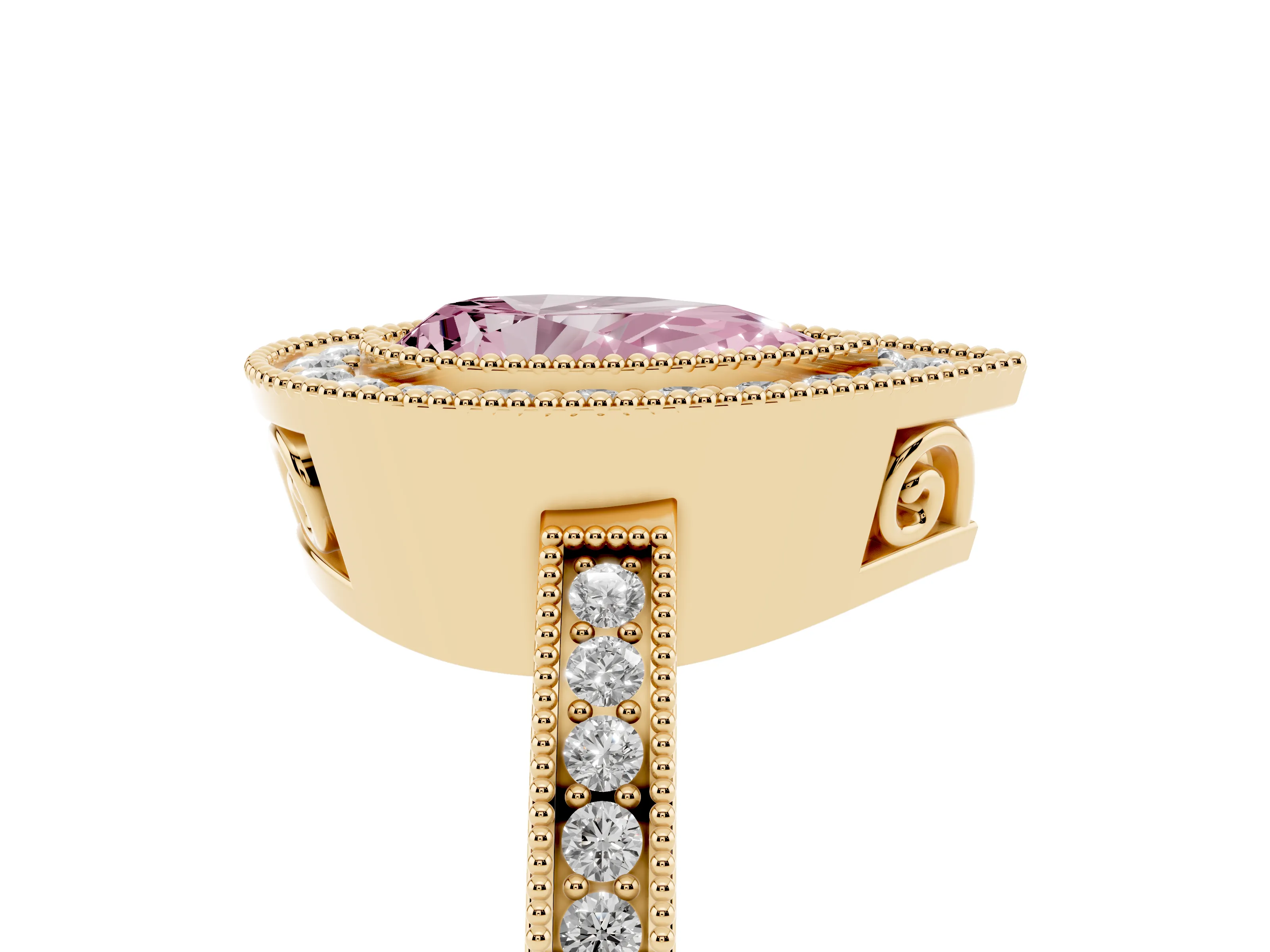 Fancy Pink Pear Cut Diamond Halo Ring Set in Yellow gold with Pavé Band and Milgrain-Edged Prongs