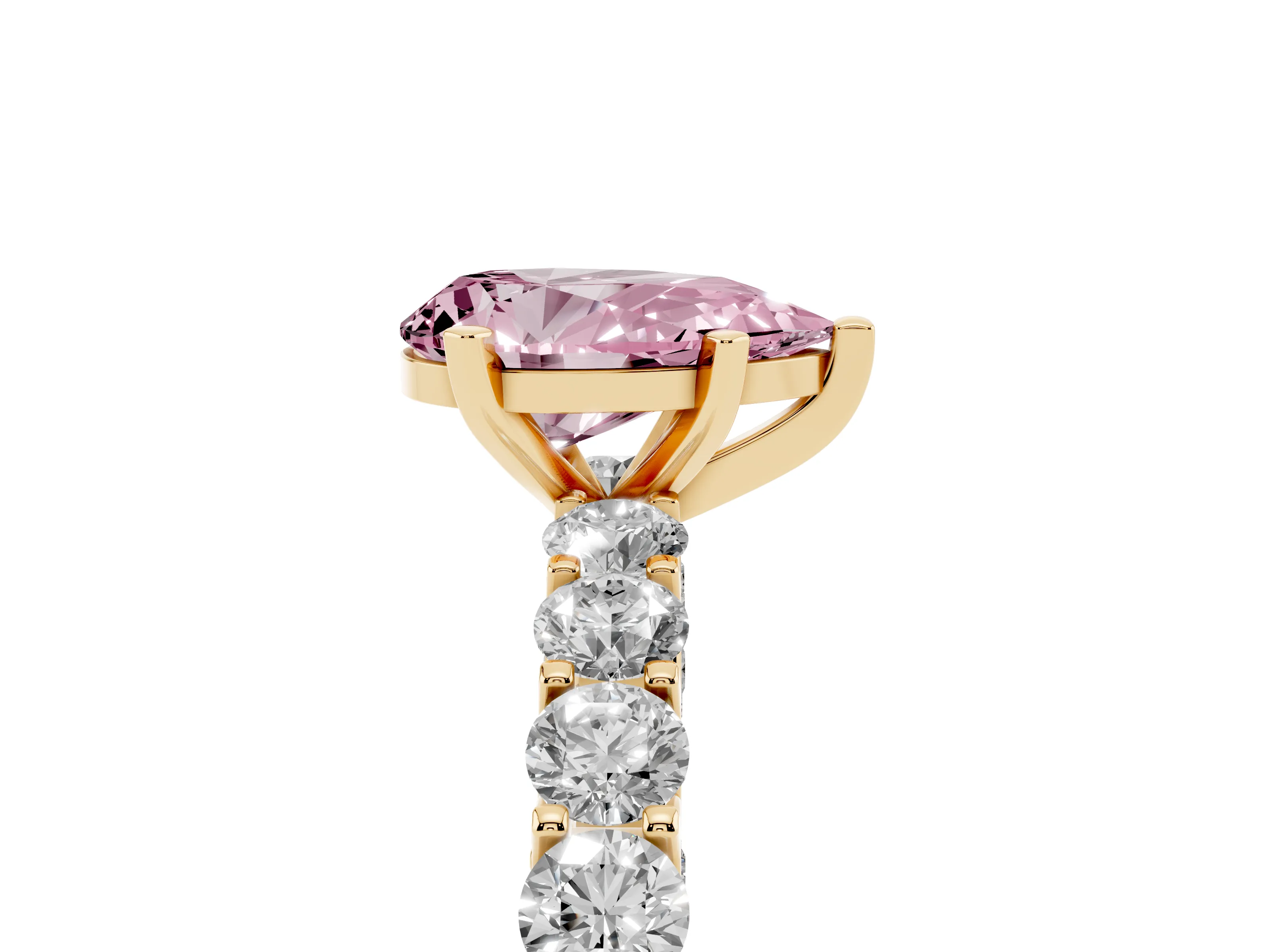 Fancy Pink Pear Cut Diamond Solitaire Ring Set in Yellow gold with Shared Prong Pavé Band