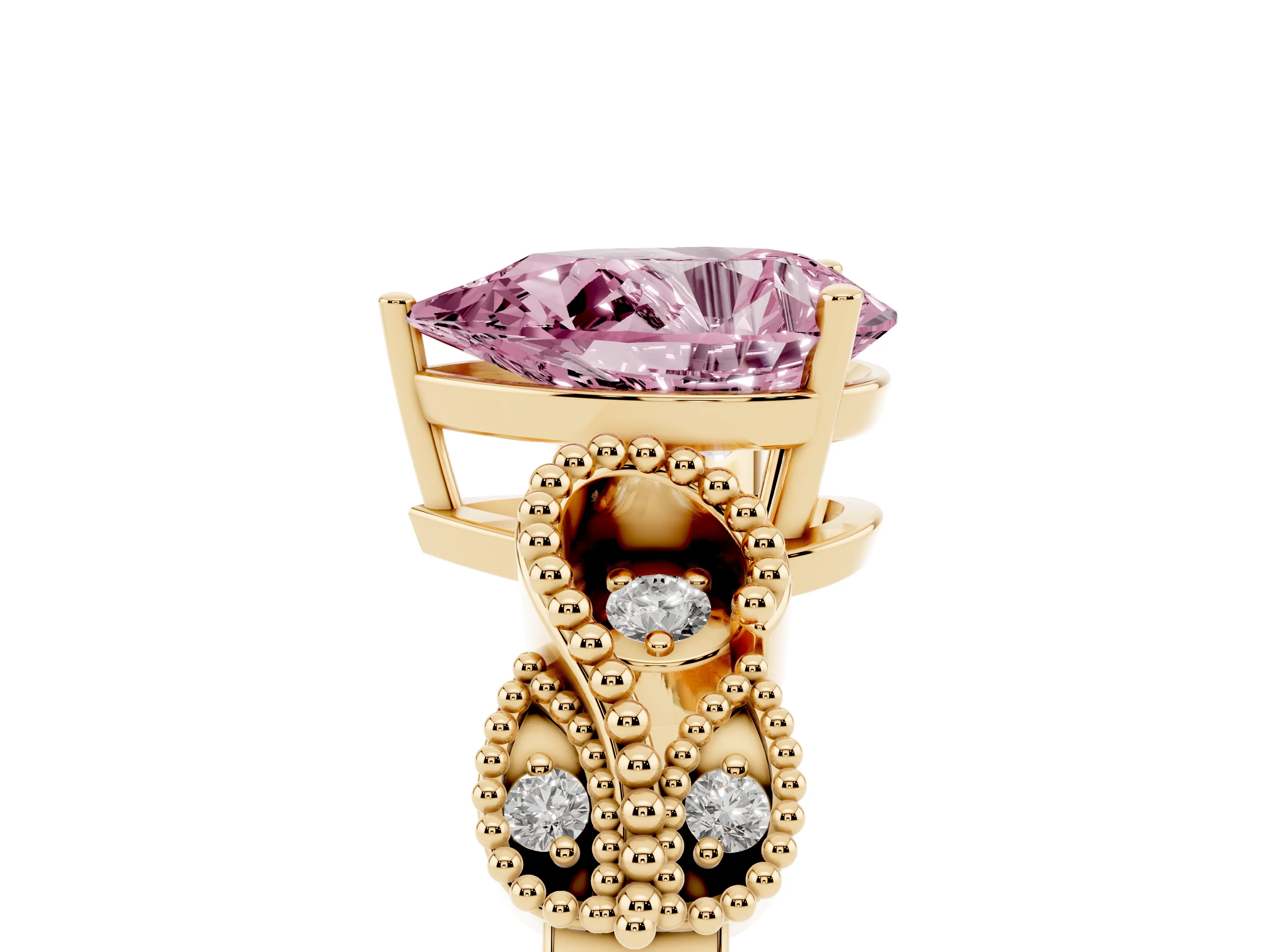 Fancy Pink Pear Cut Diamond Milgrain Leaf Band Solitaire Ring Set in Yellow gold with Accent Stones and Prong Setting