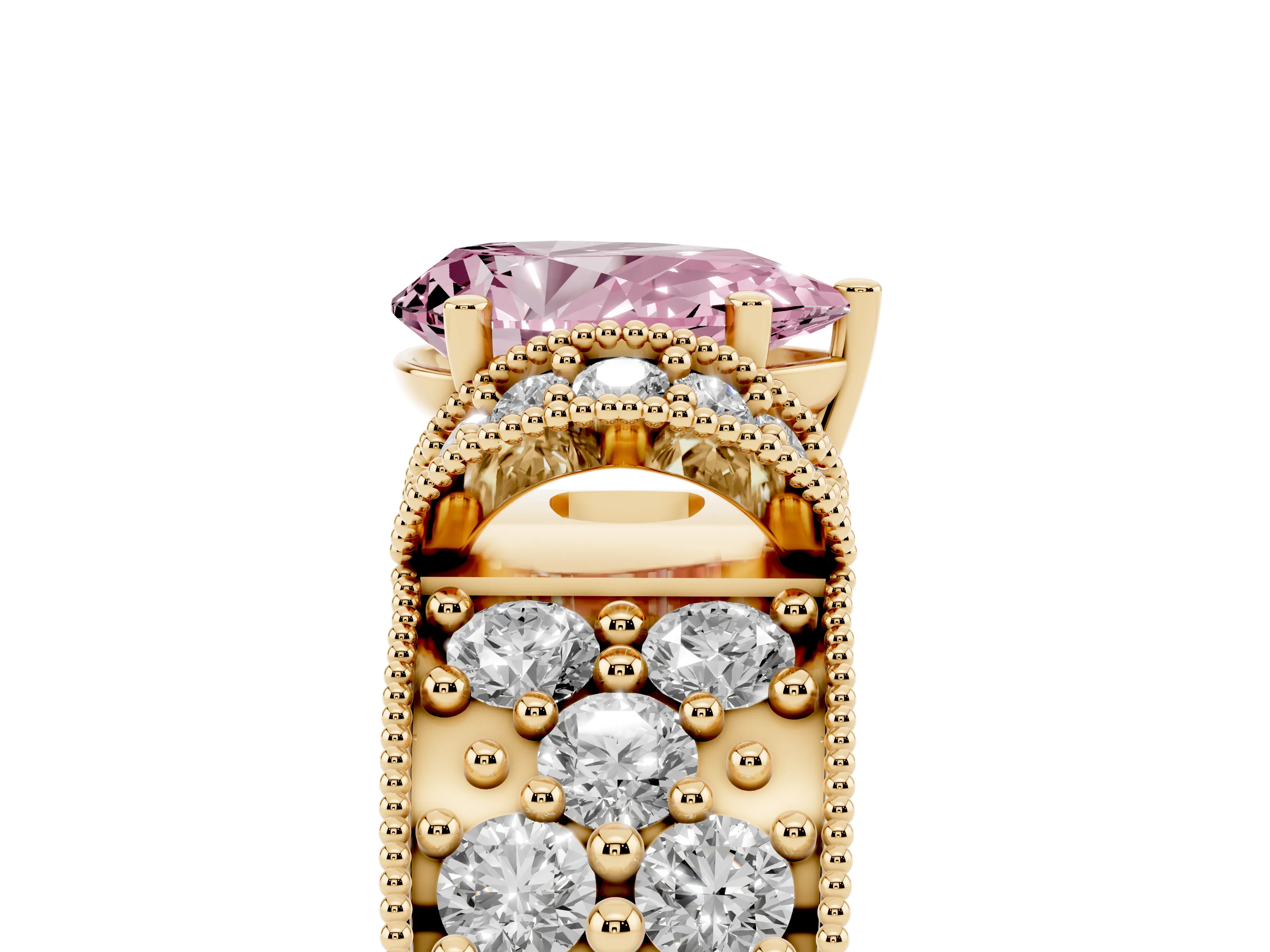 Fancy Pink Pear Cut Diamond Milgrain Halo Pavé Engagement Ring Set in Yellow gold with Prong Setting
