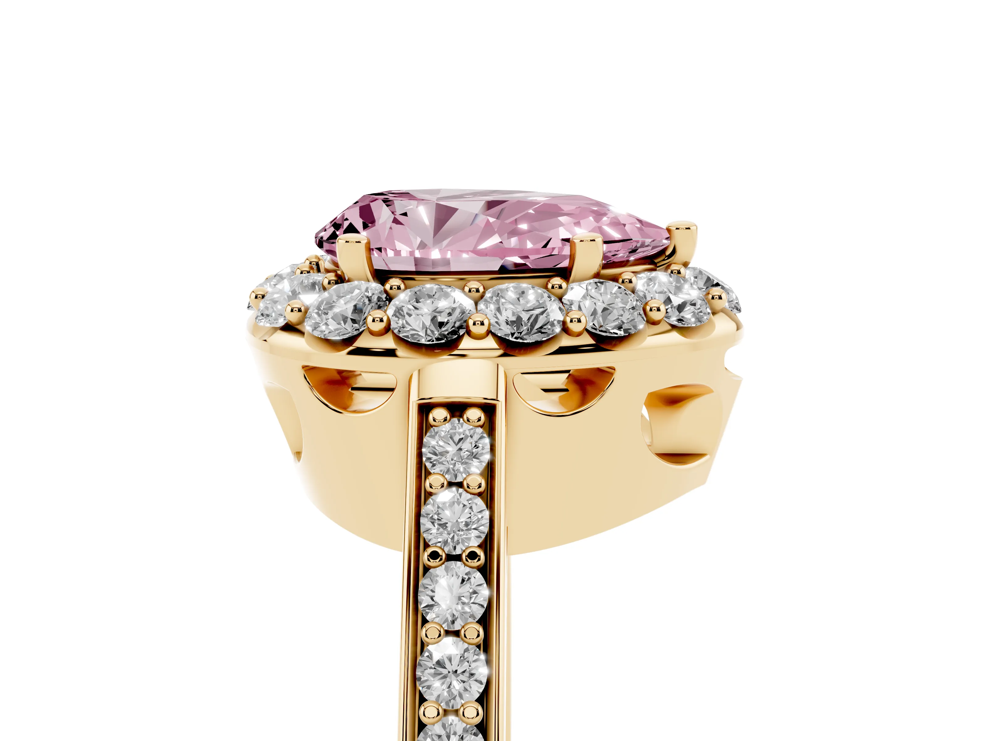 Fancy Pink Pear Cut Diamond Floral Halo Ring Set in Yellow gold with Pavé Band and Prong Setting