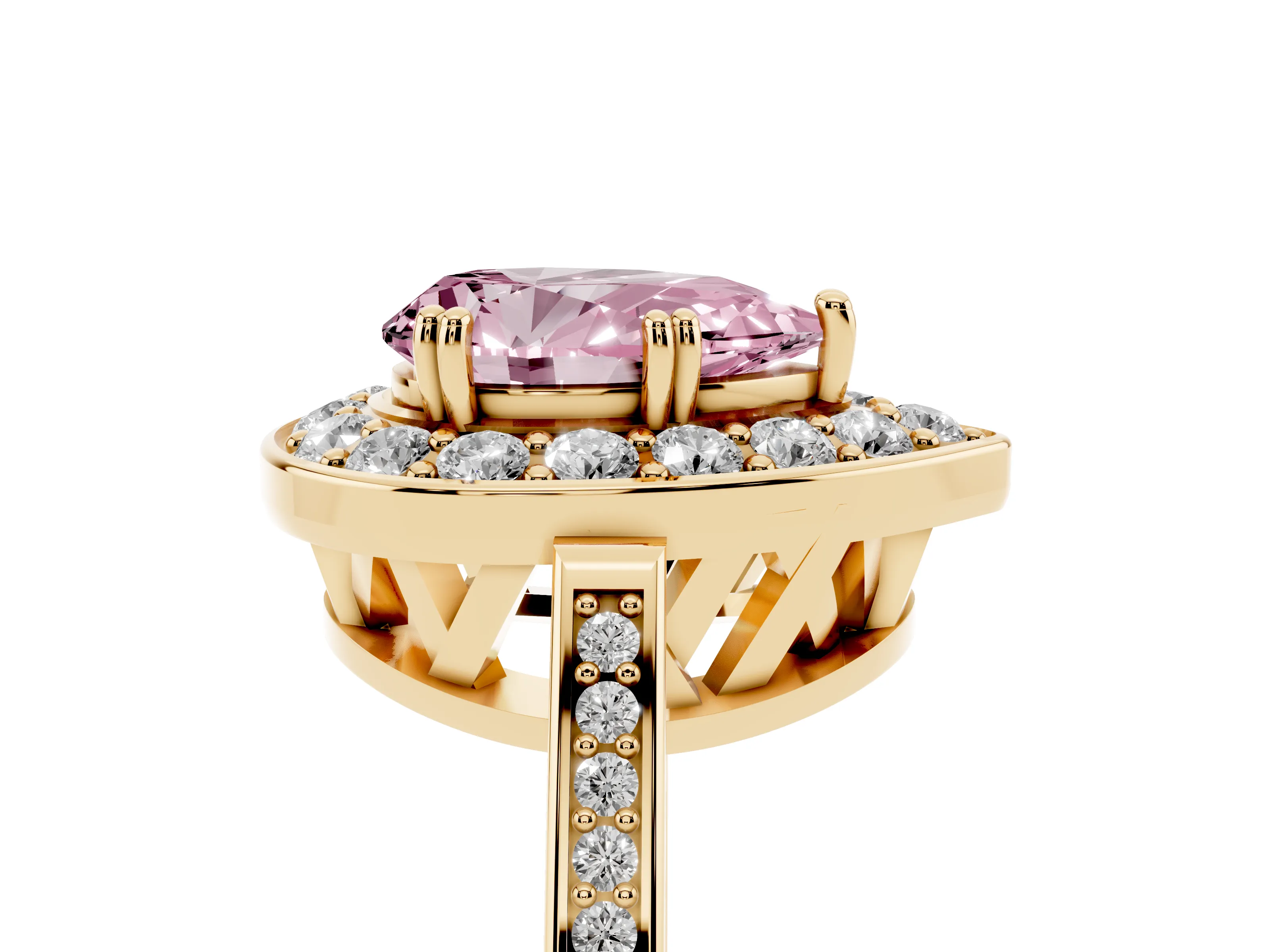 Fancy Pink Pear Cut Diamond Halo Ring Set in Yellow gold with Accent-Lined Split Shank and Prong Setting