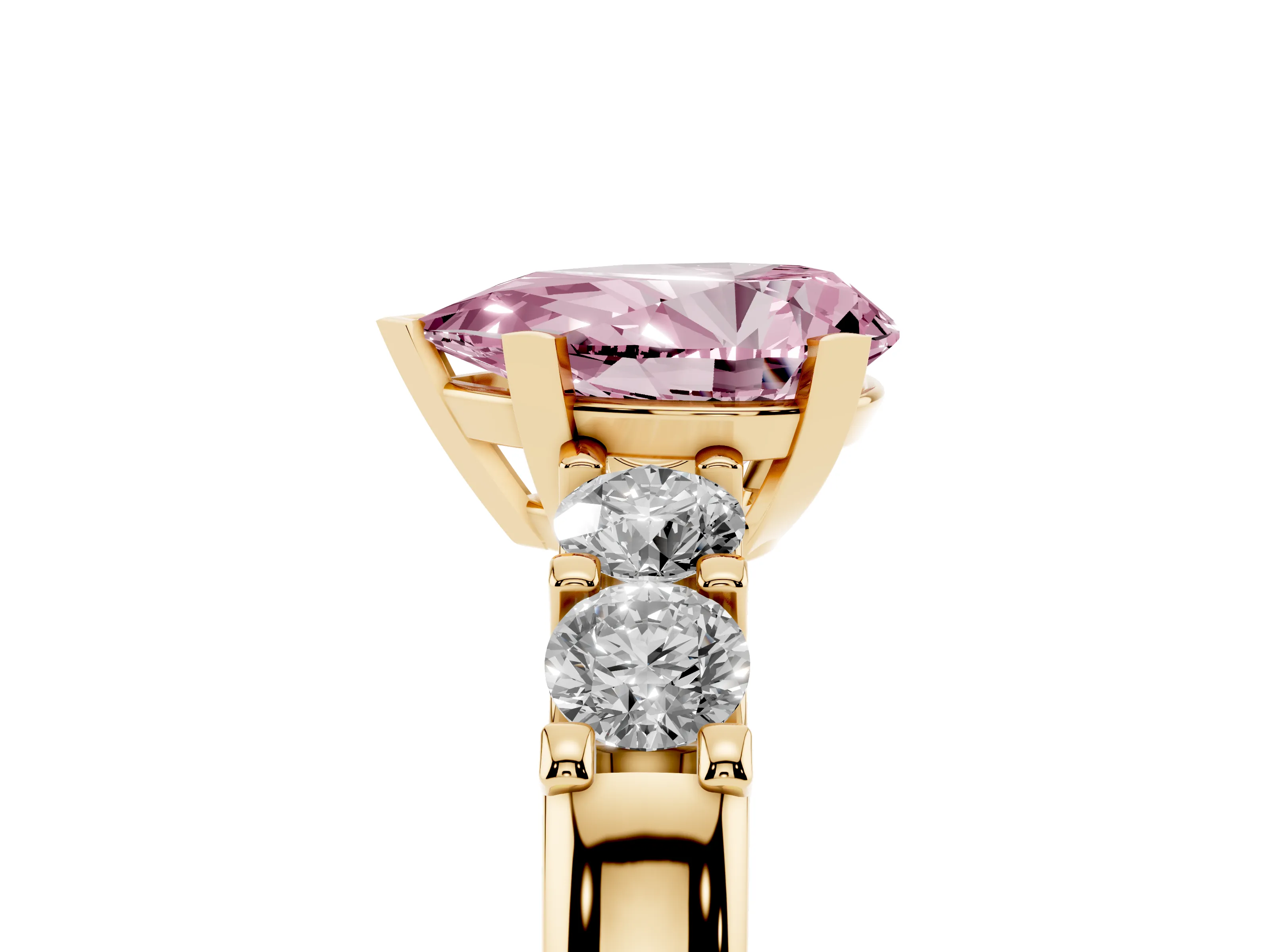 Fancy Pink Pear Cut Diamond Five-Stone Prong Set Engagement Ring Set in Yellow gold with Channel Band