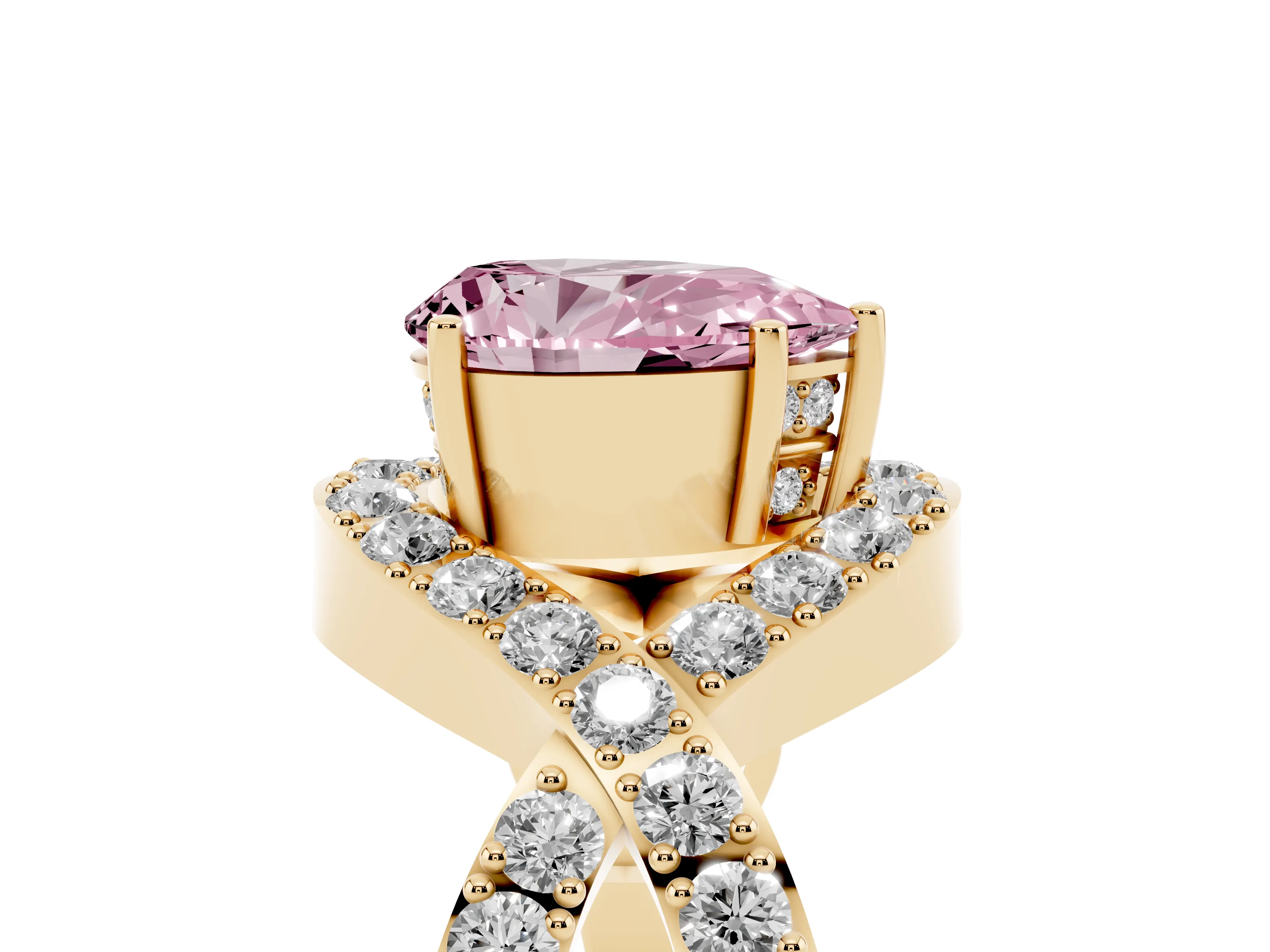 Fancy Pink Pear Cut Diamond Solitaire Twist Band Pavé Engagement Ring Set in Yellow gold