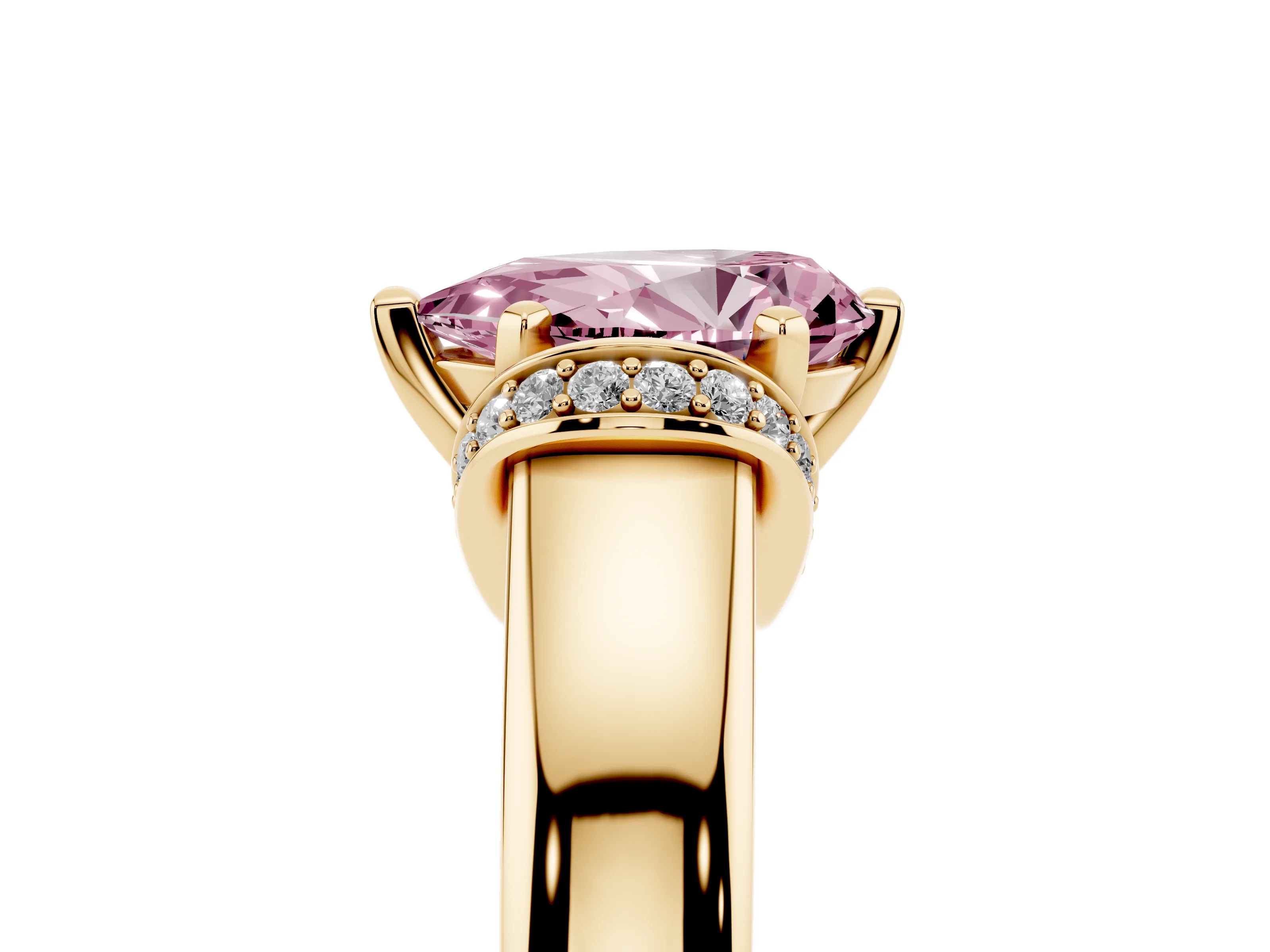 Fancy Pink Pear Cut Diamond Pavé Band Solitaire Ring Set in Yellow gold with Prong Setting