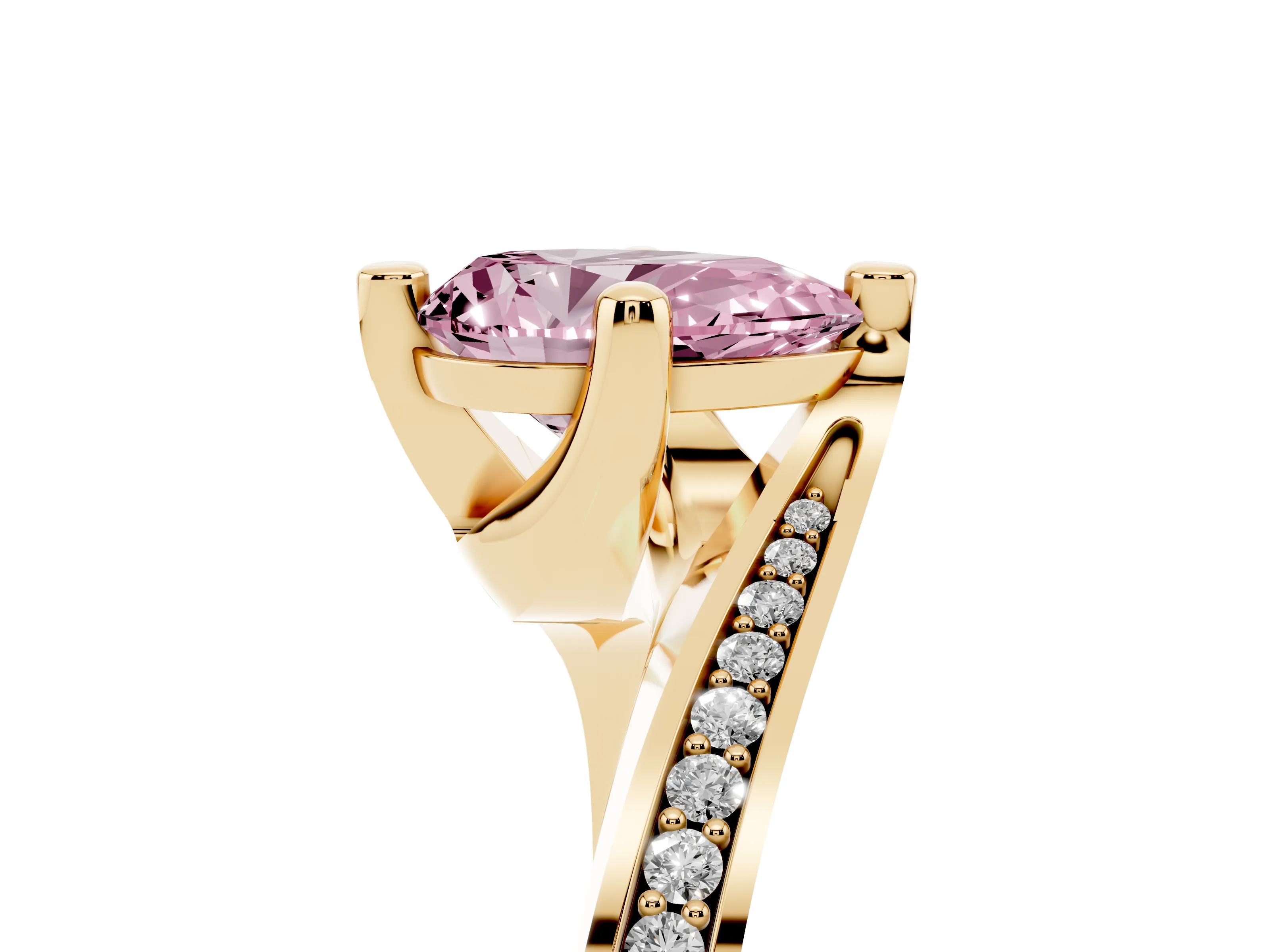 Fancy Pink Pear Cut Diamond Solitaire Ring Set in Yellow gold with Intertwined Pavé Twist Band