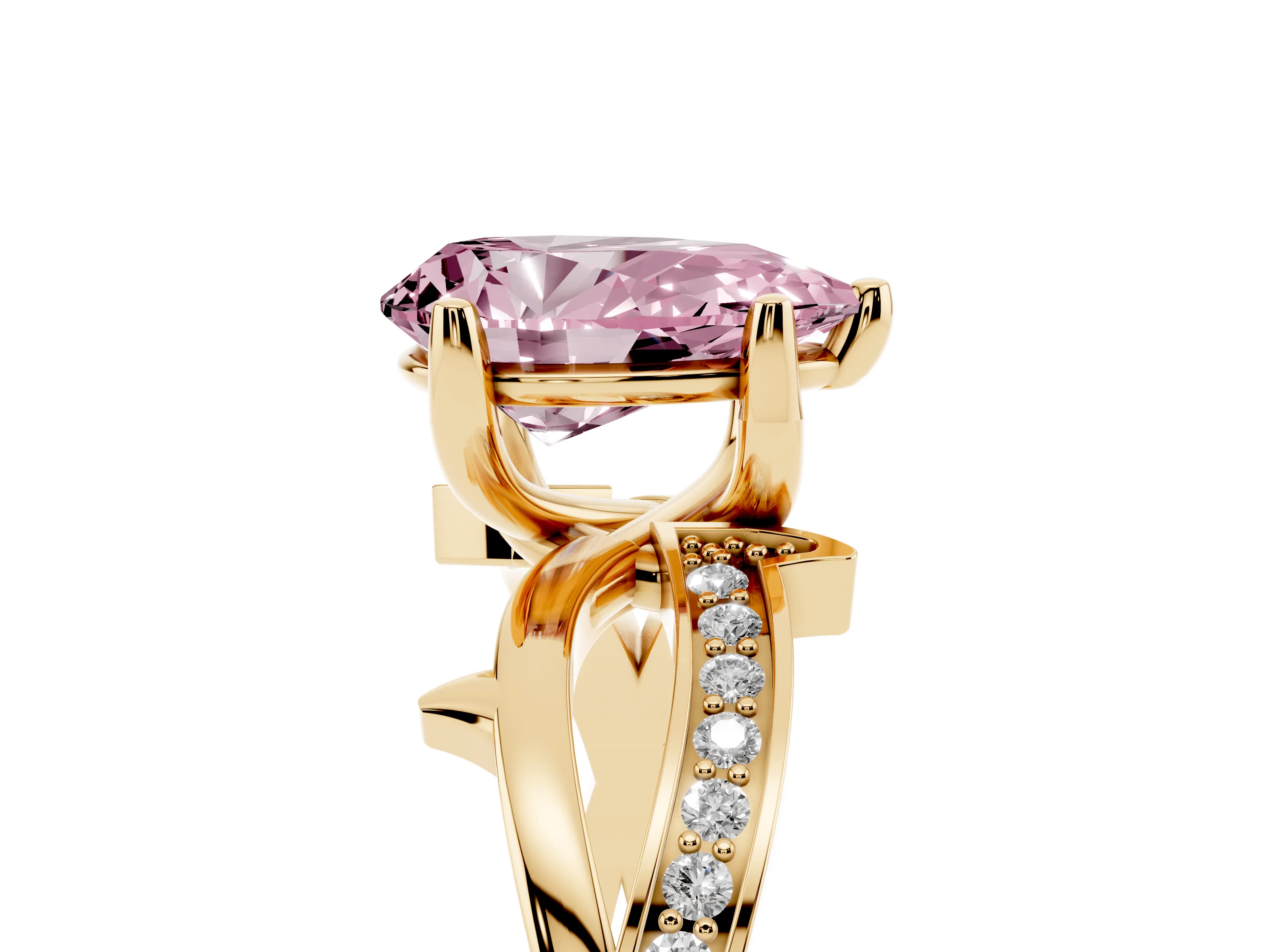 Fancy Pink Pear Cut Diamond Pavé Twist Band Solitaire Ring Set in Yellow gold with Prong Setting