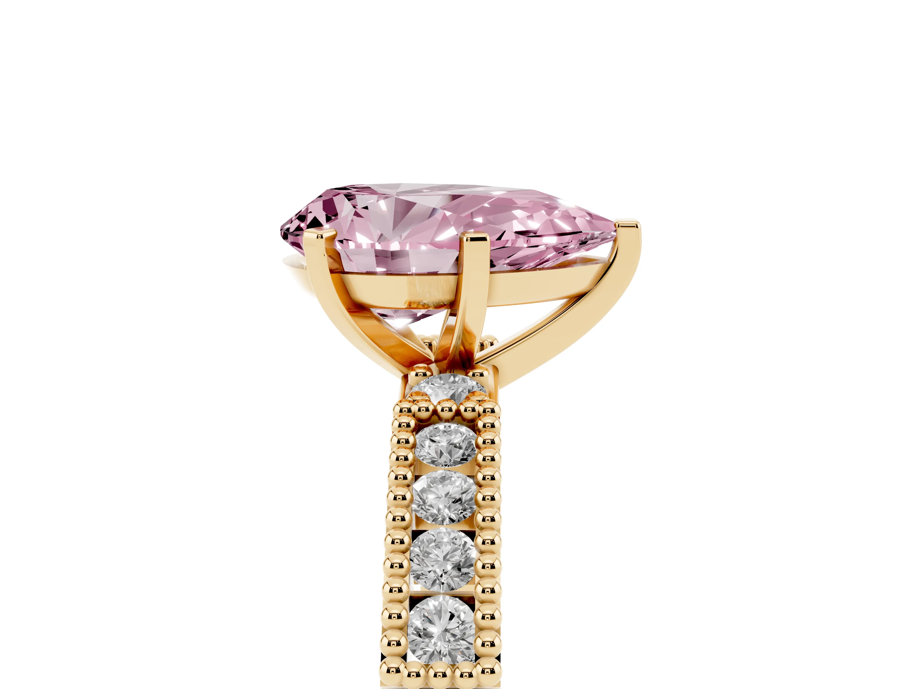 Fancy Pink Pear Cut Diamond Solitaire Ring Set in Yellow gold with Slim Pavé Band and Prong Setting
