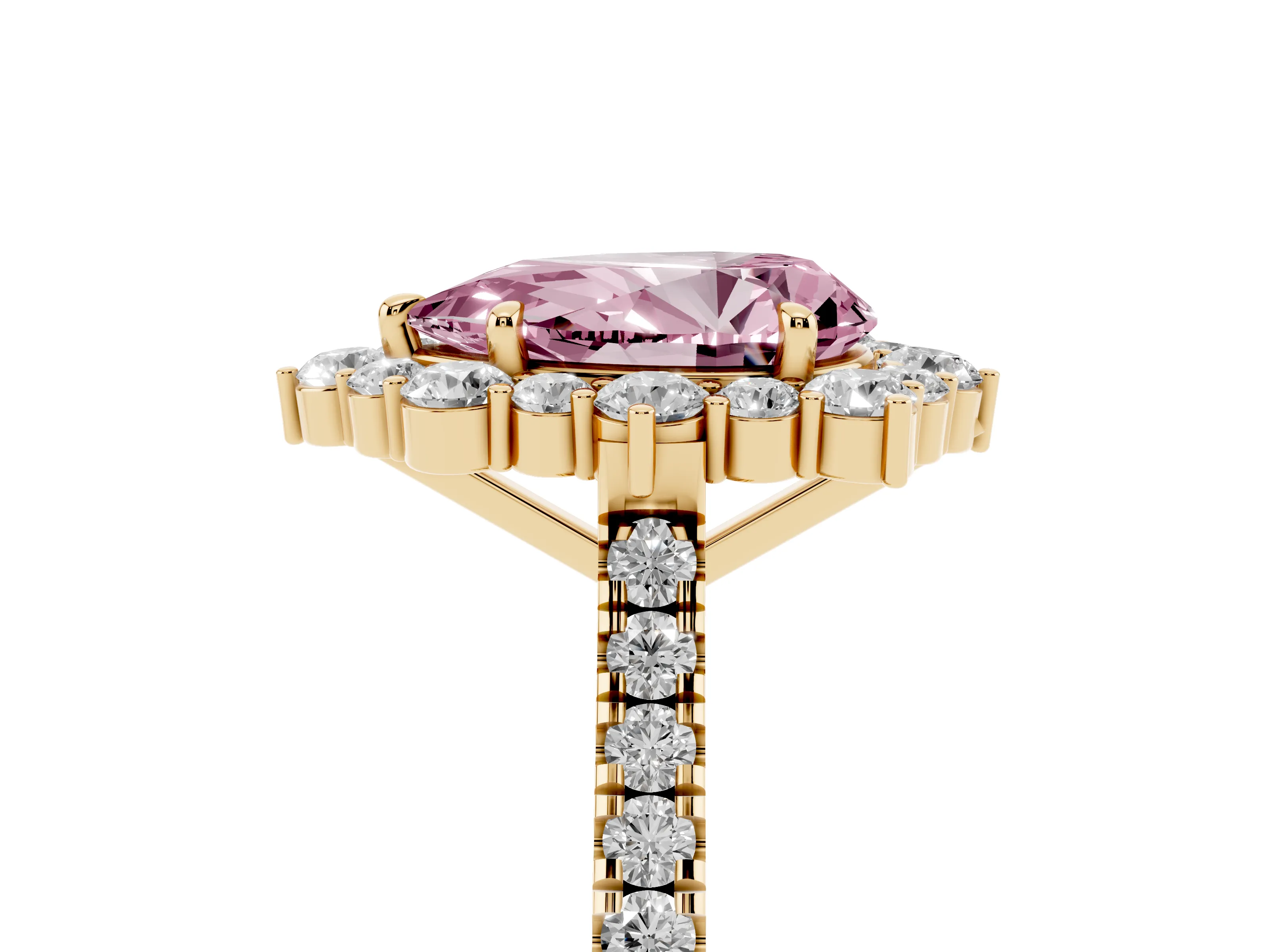 Fancy Pink Pear Cut Diamond Halo Ring Set in Yellow gold with Pavé Band and Prong Setting