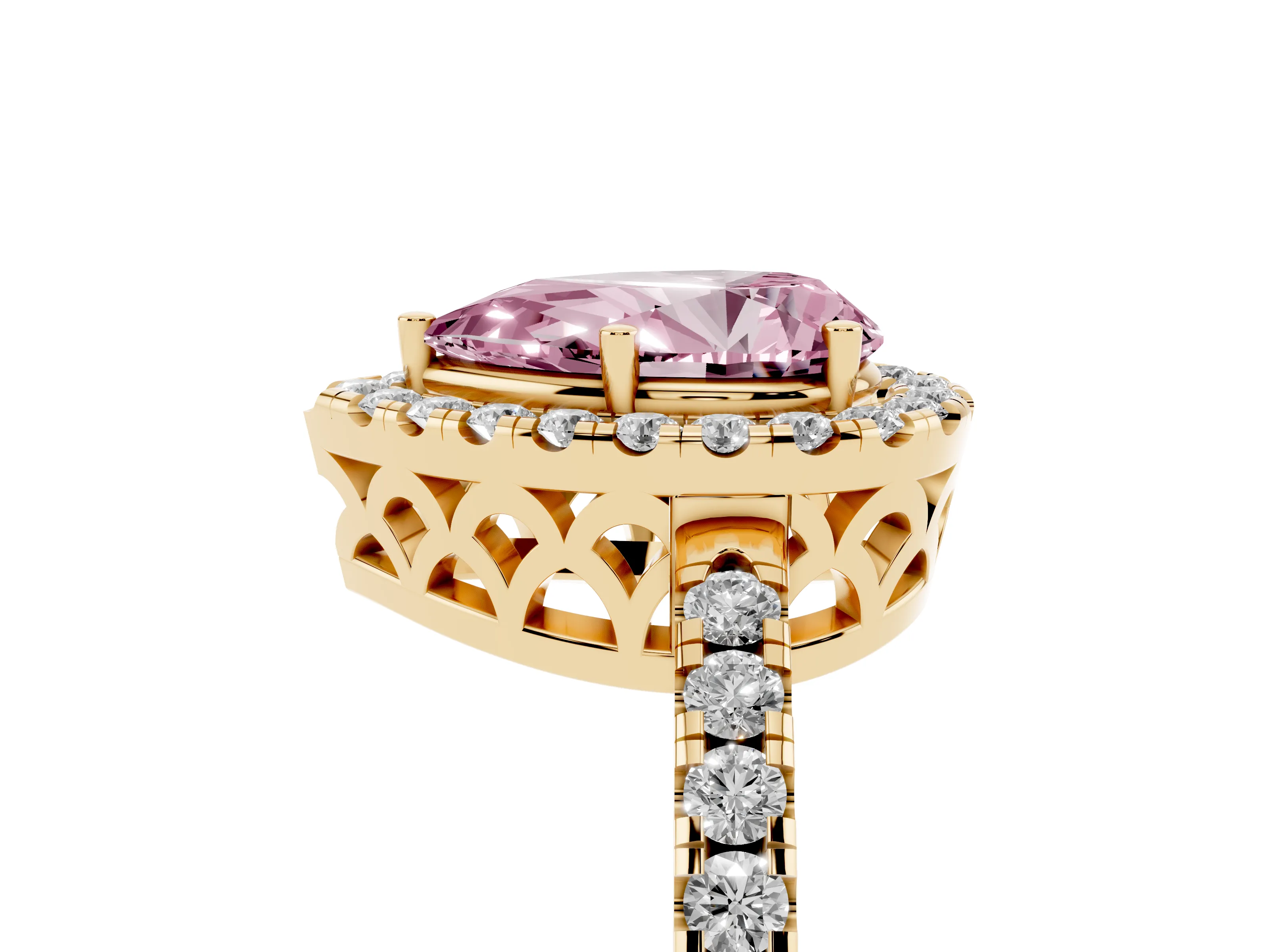 Fancy Pink Pear Cut Diamond Pavé Band Halo Engagement Ring Set in Yellow gold with Prong Setting