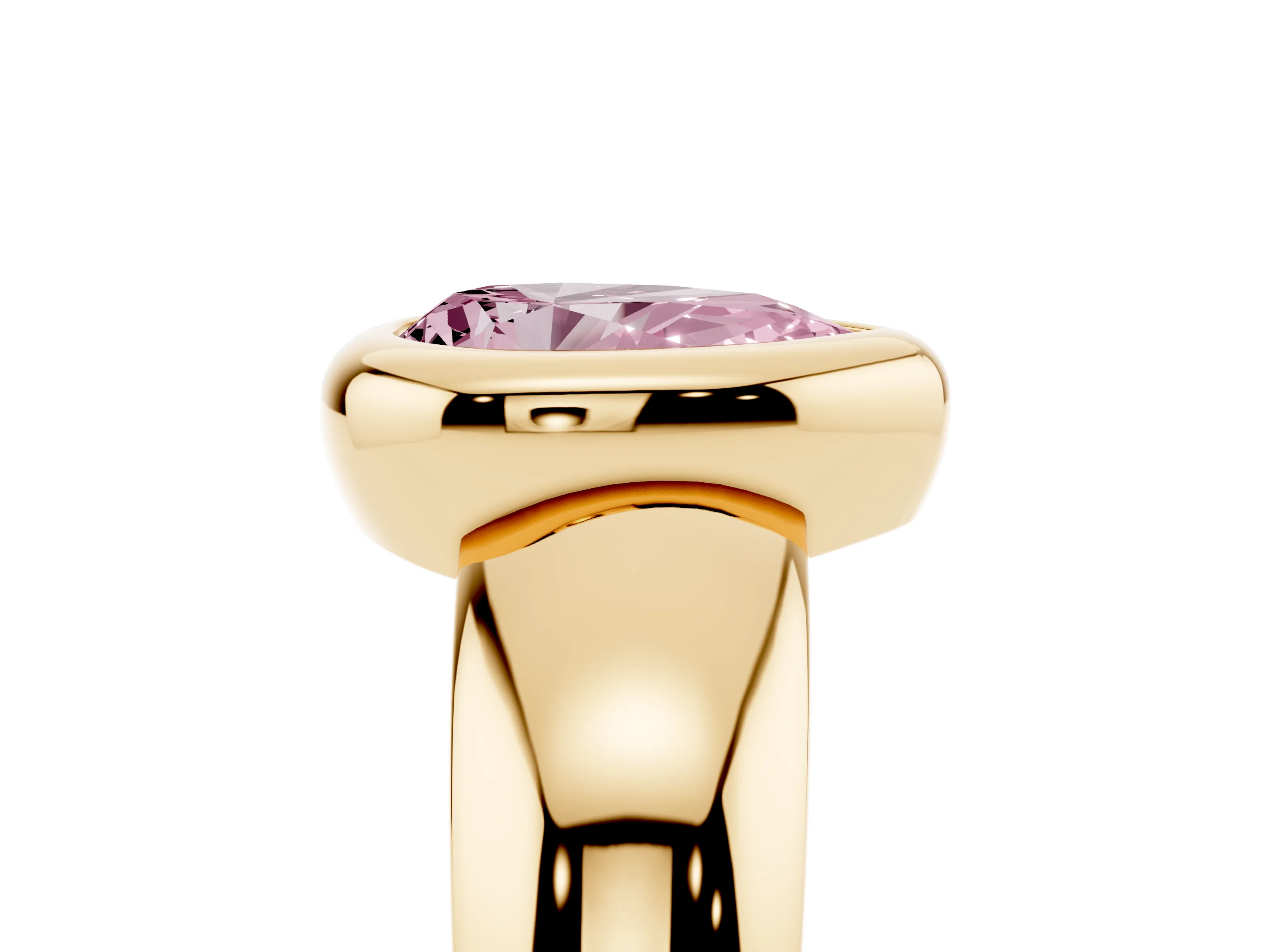 Fancy Pink Bezel Set Pear Cut Diamond Solitaire Ring Set in Yellow gold with Wide Band