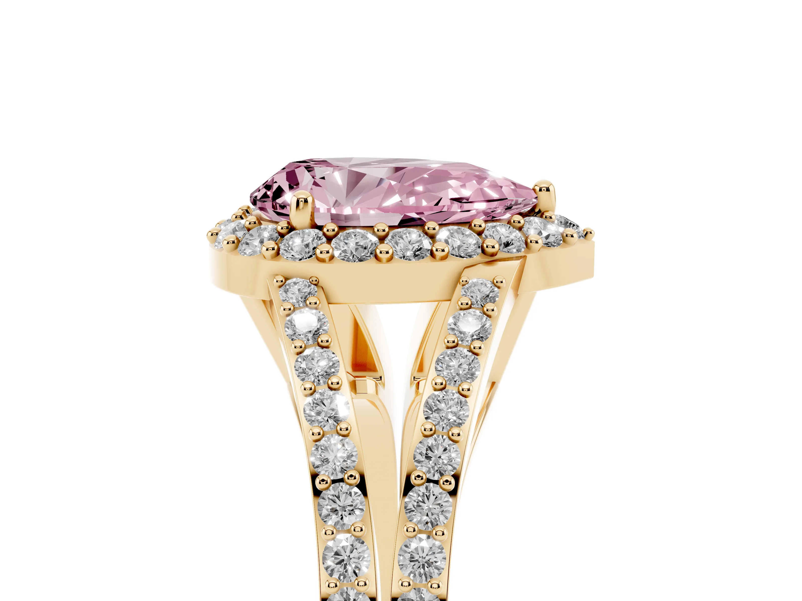 Fancy Pink Pear Cut Diamond Halo Split Shank Pavé Ring Set in Yellow gold with Prong Setting