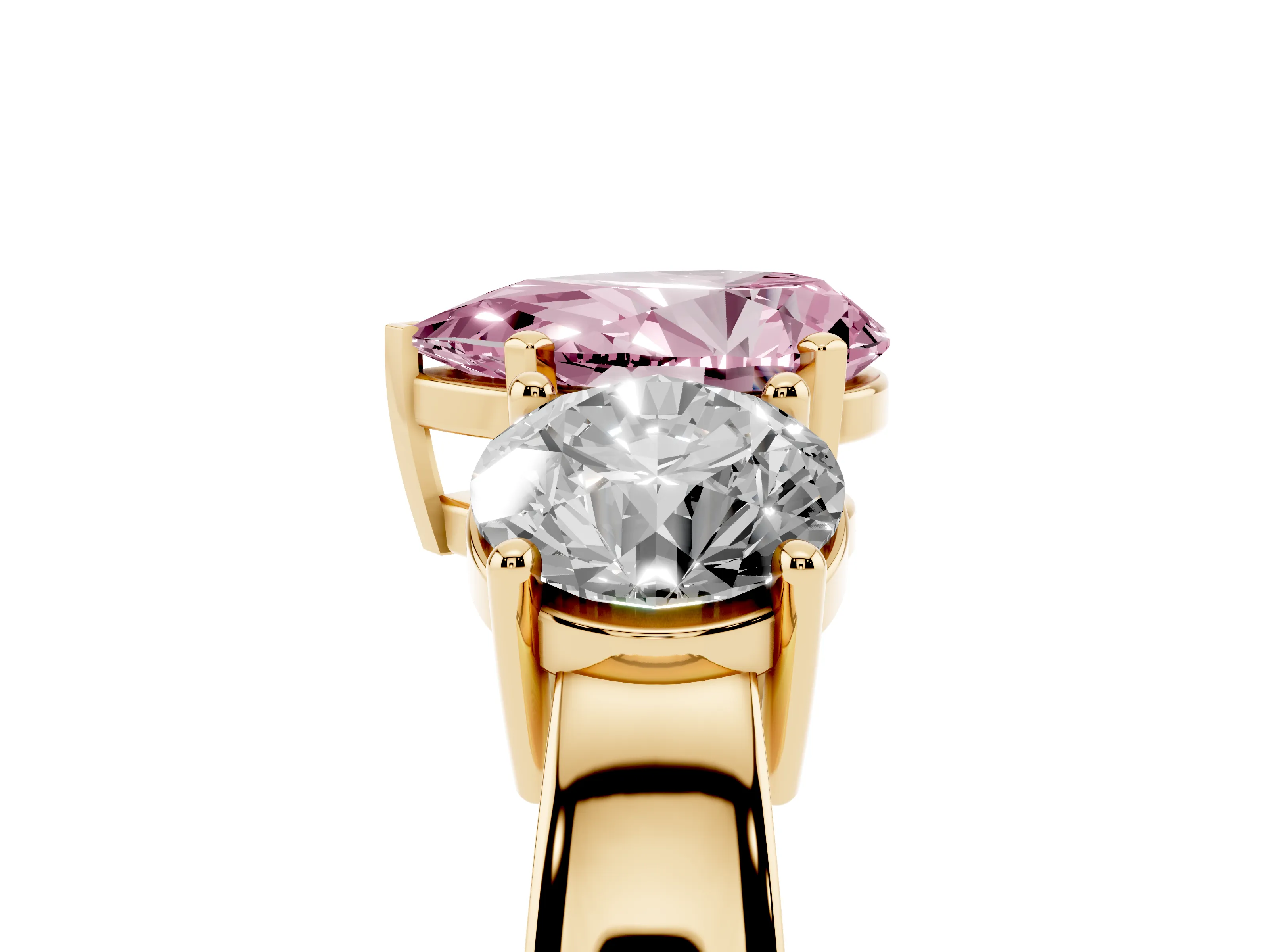 Fancy Pink Pear Cut Diamond Three-Stone Ring Set in Yellow gold with Round Side Stones and Classic Band