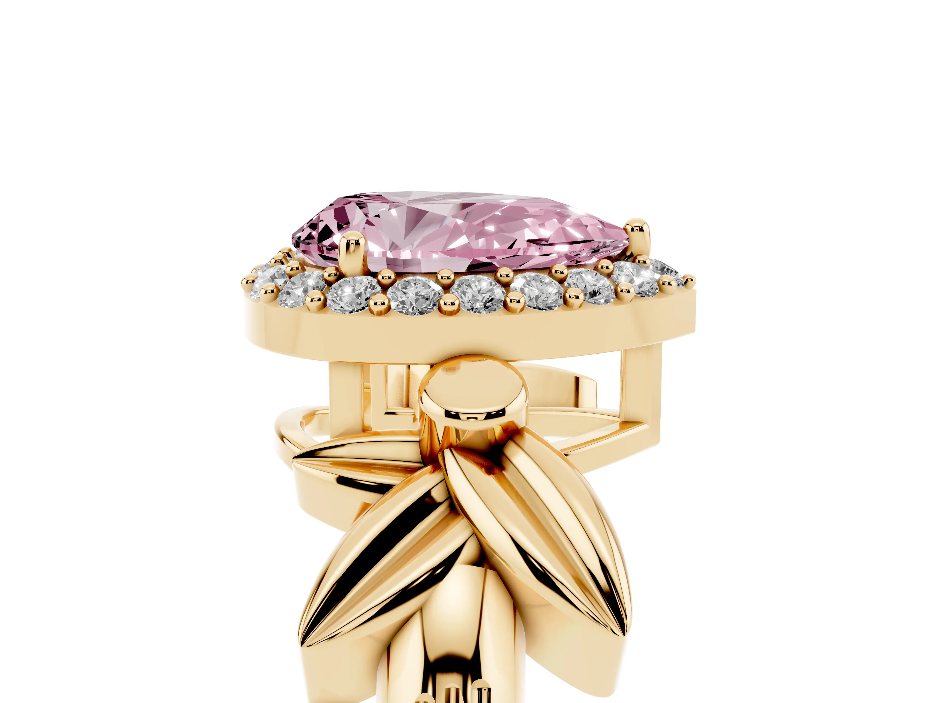 Fancy Pink Pear Cut Diamond Halo Floral Band Ring Set in Yellow gold with Prong Setting