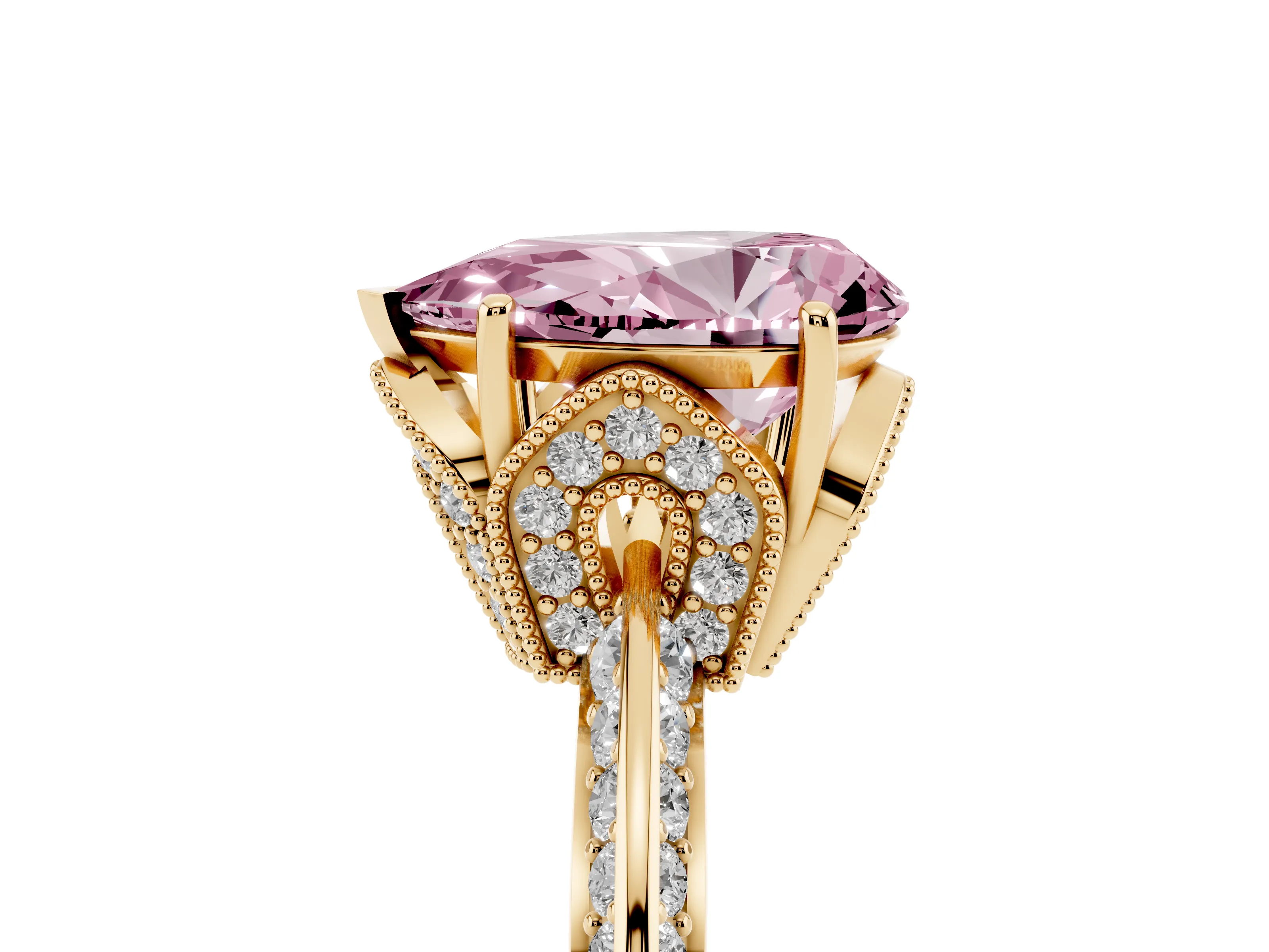 Fancy Pink Pear Cut Diamond Solitaire Engagement Ring Set in Yellow gold with Pavé Split Shank and Prong Setting