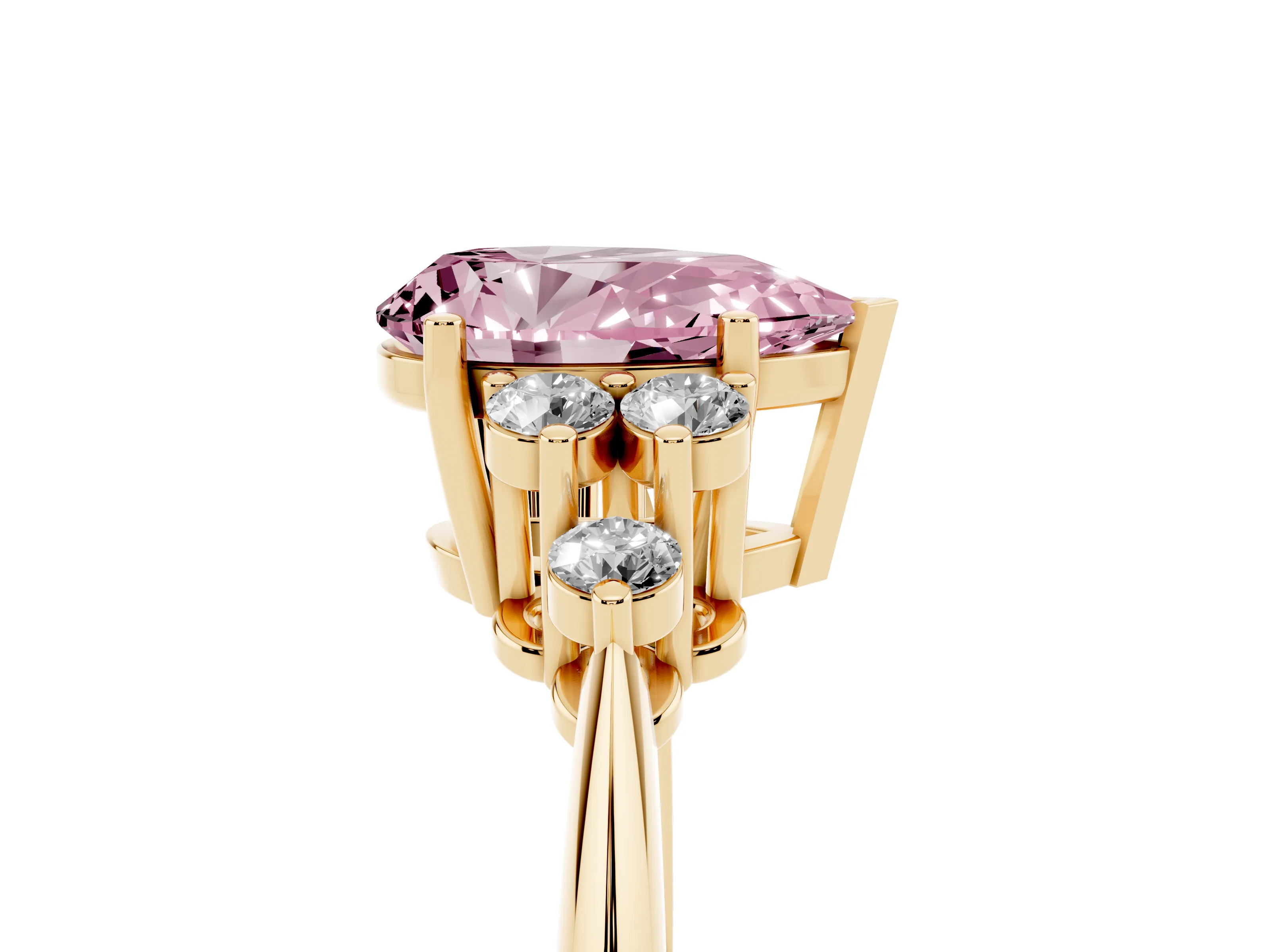 Fancy Pink Pear Cut Diamond Cluster Ring Set in Yellow gold with Plain Band and Prong Setting