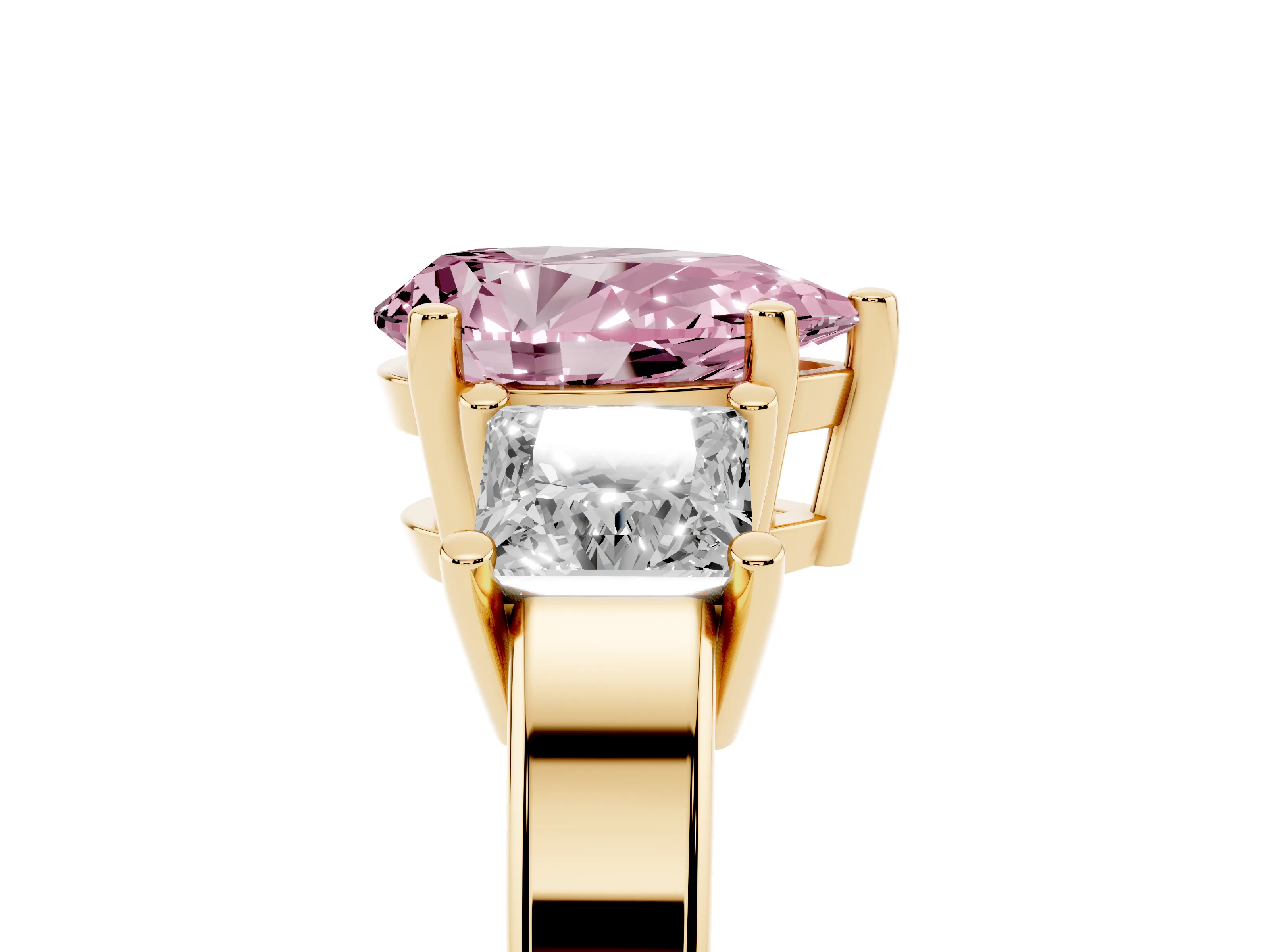 Fancy Pink Three-Stone Pear Cut Diamond Solitaire Ring Set in Yellow gold with Prong Setting