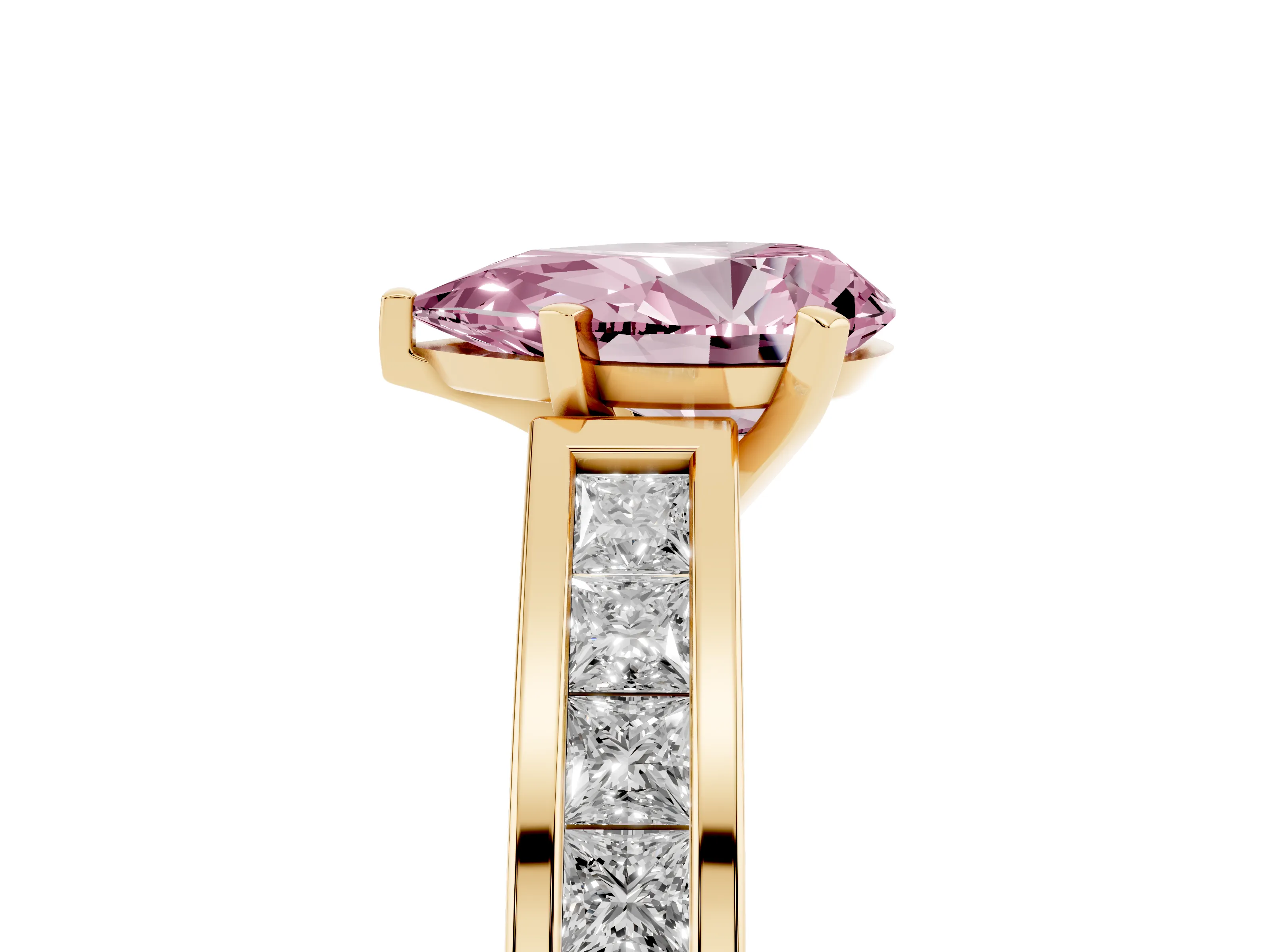 Fancy Pink Pear Cut Diamond Solitaire Ring Set in Yellow gold with Channel-Set Band and Prong Setting