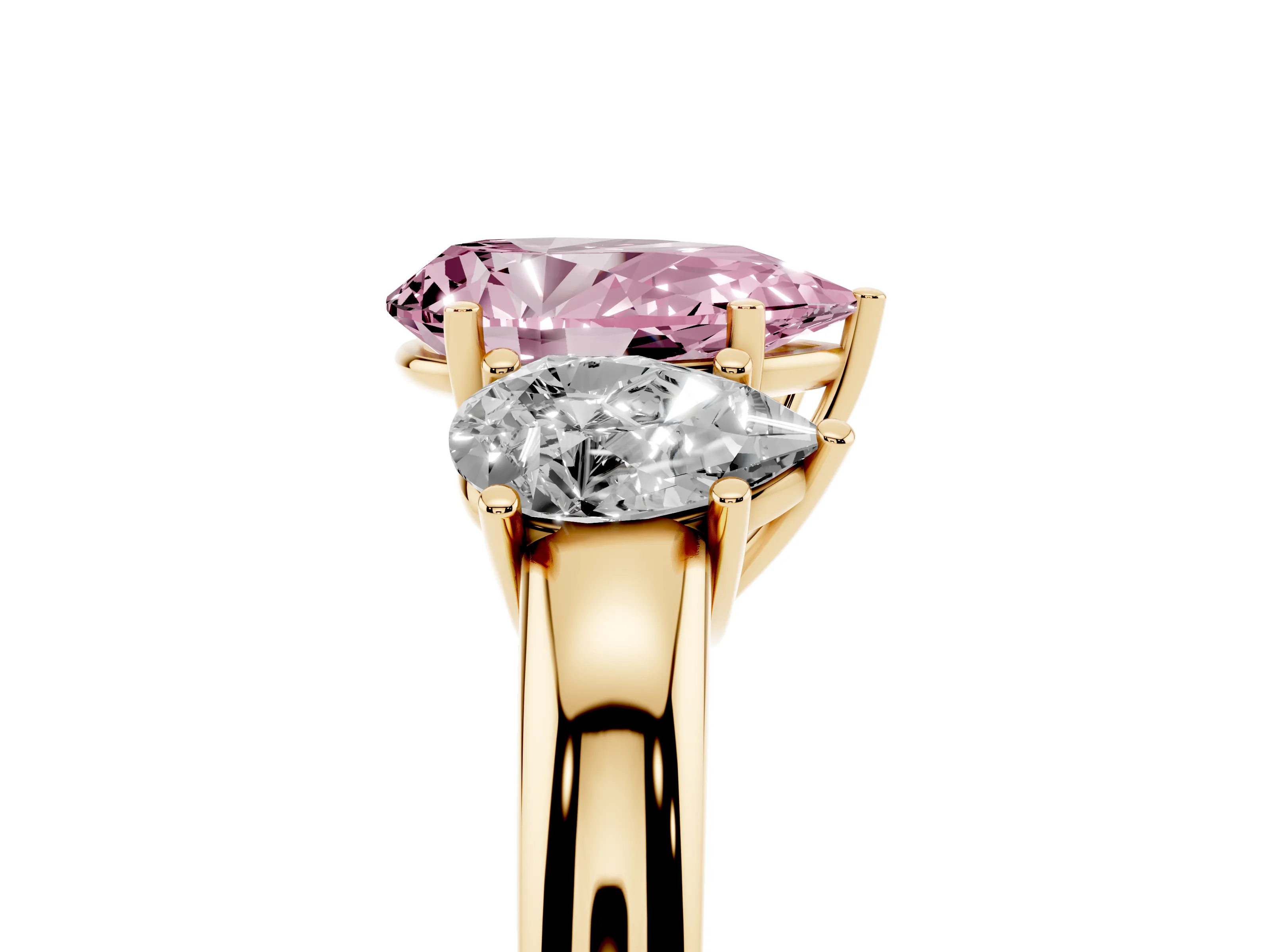 Fancy Pink Pear Cut Diamond Three-Stone Ring Set in Yellow gold with Bold Center and Classic Band