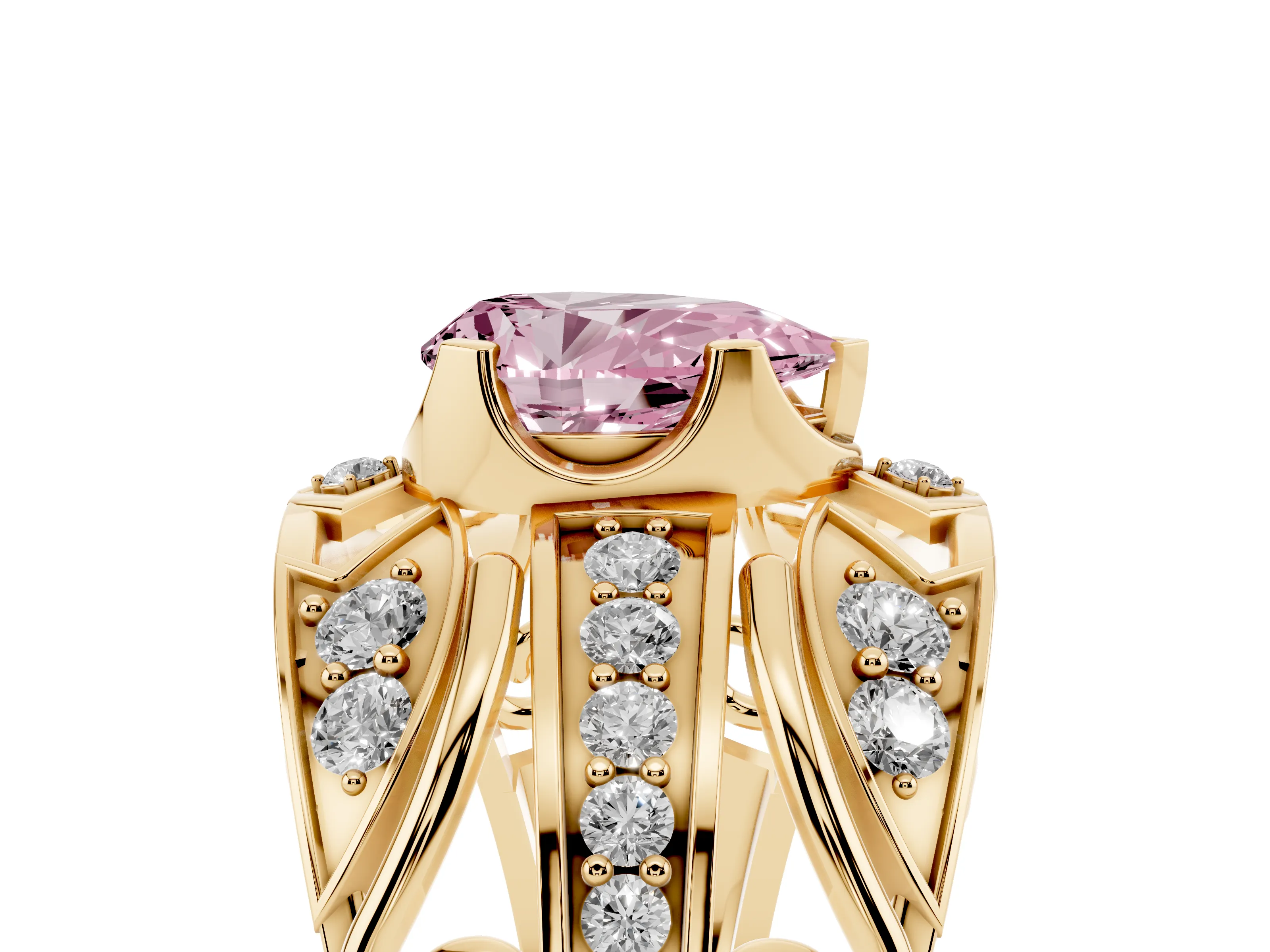 Fancy Pink Pear Cut Diamond Art Deco Ring Set in Yellow gold with Pavé Split Shank