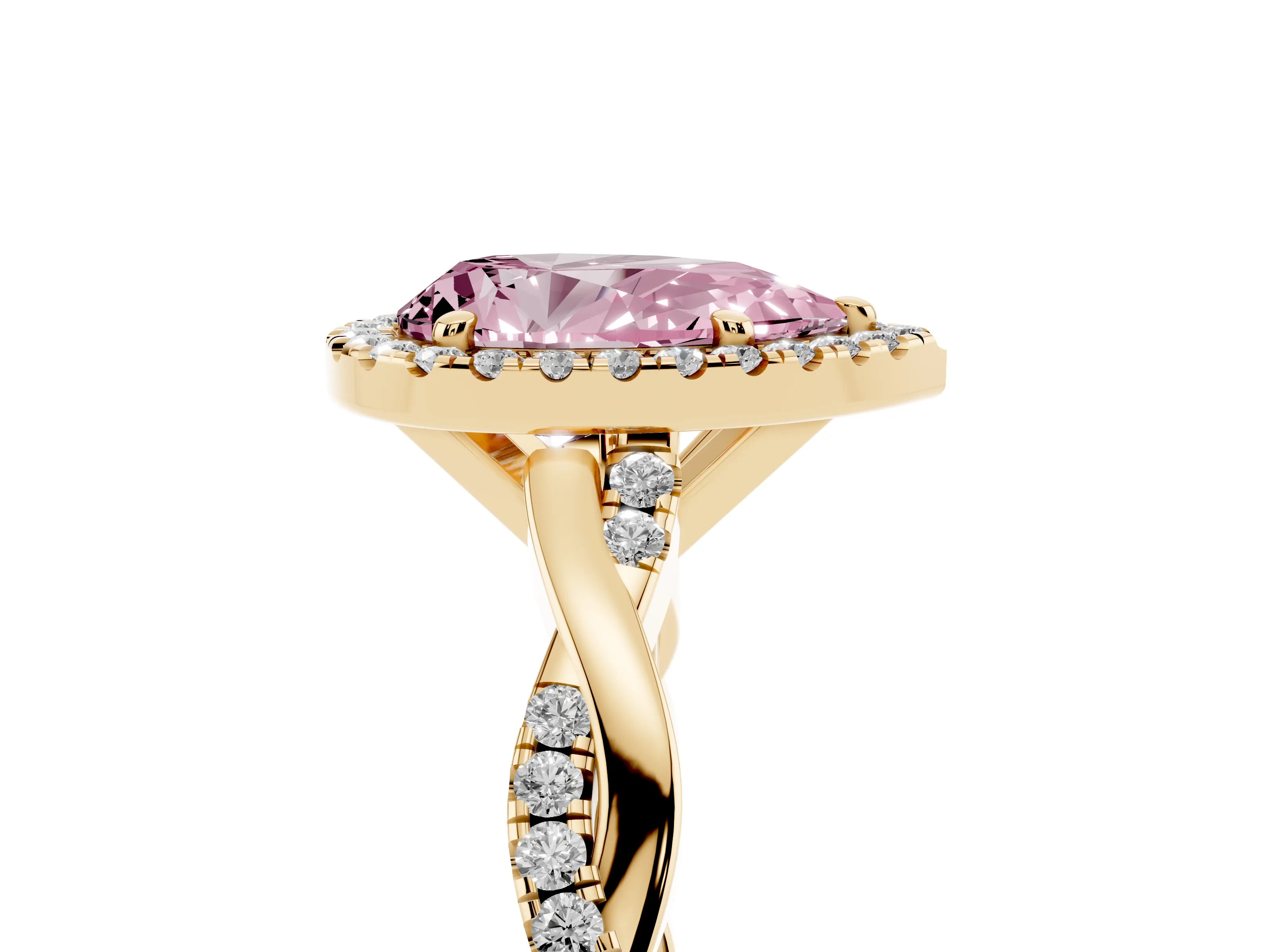 Fancy Pink Pear Cut Diamond Halo Twisted Band Ring Set in Yellow gold with Prong Setting