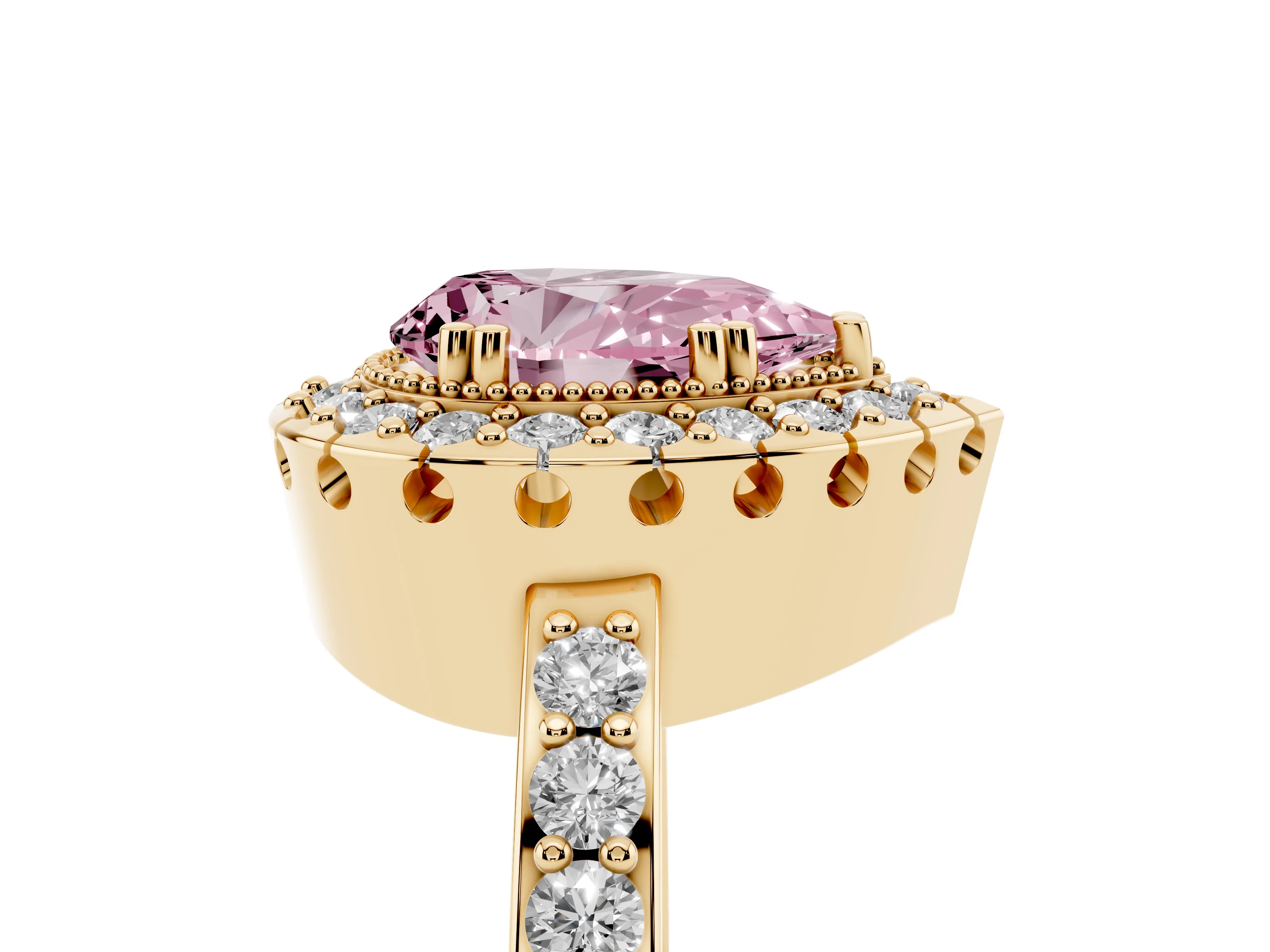 Fancy Pink Pear Cut Diamond Halo Ring Set in Yellow gold with Pavé Shank and Prong Setting