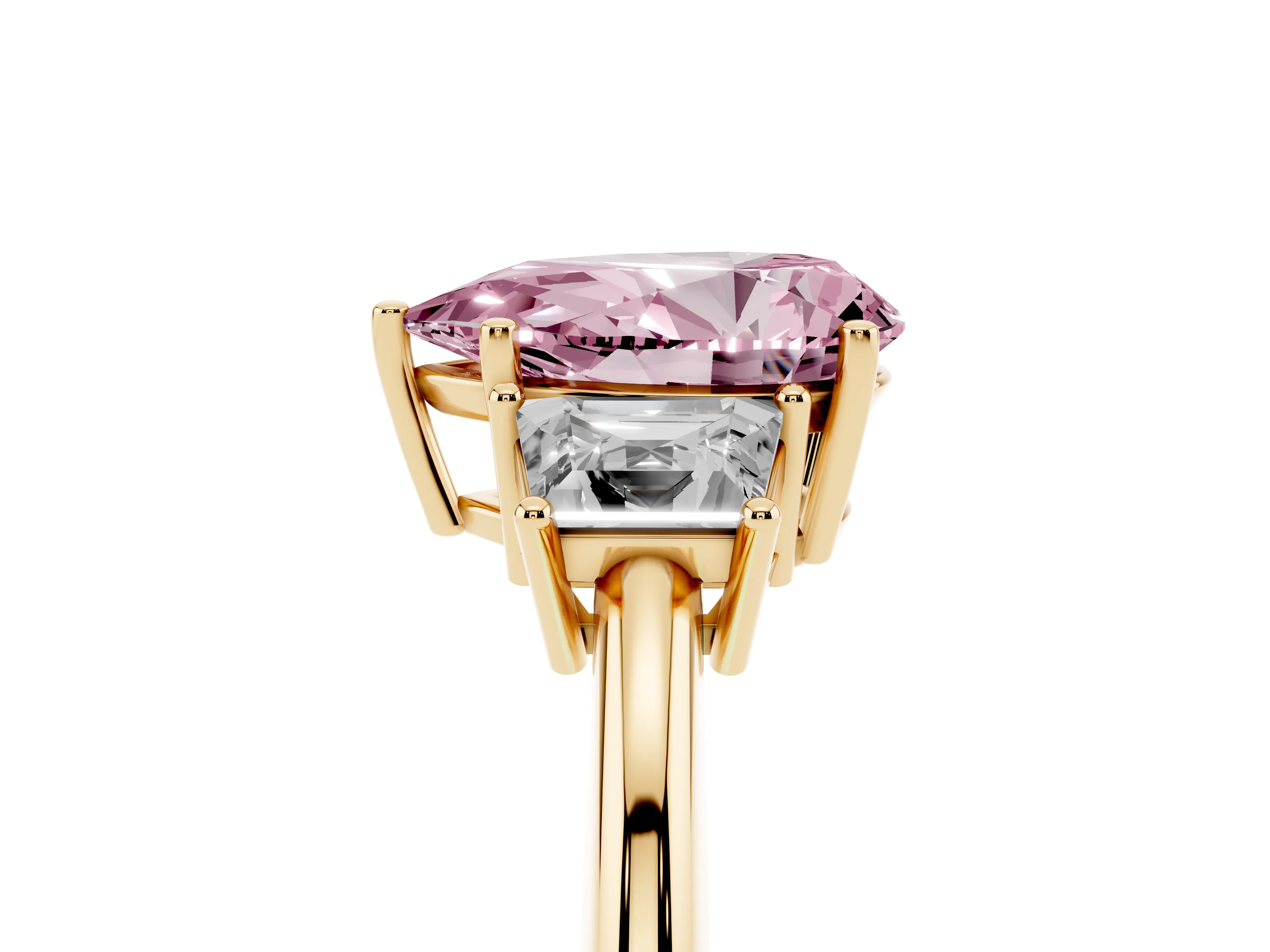 Fancy Pink Pear Cut Diamond Three-Stone Ring Set in Yellow gold with Trapezoid Side Stones and Prong Setting