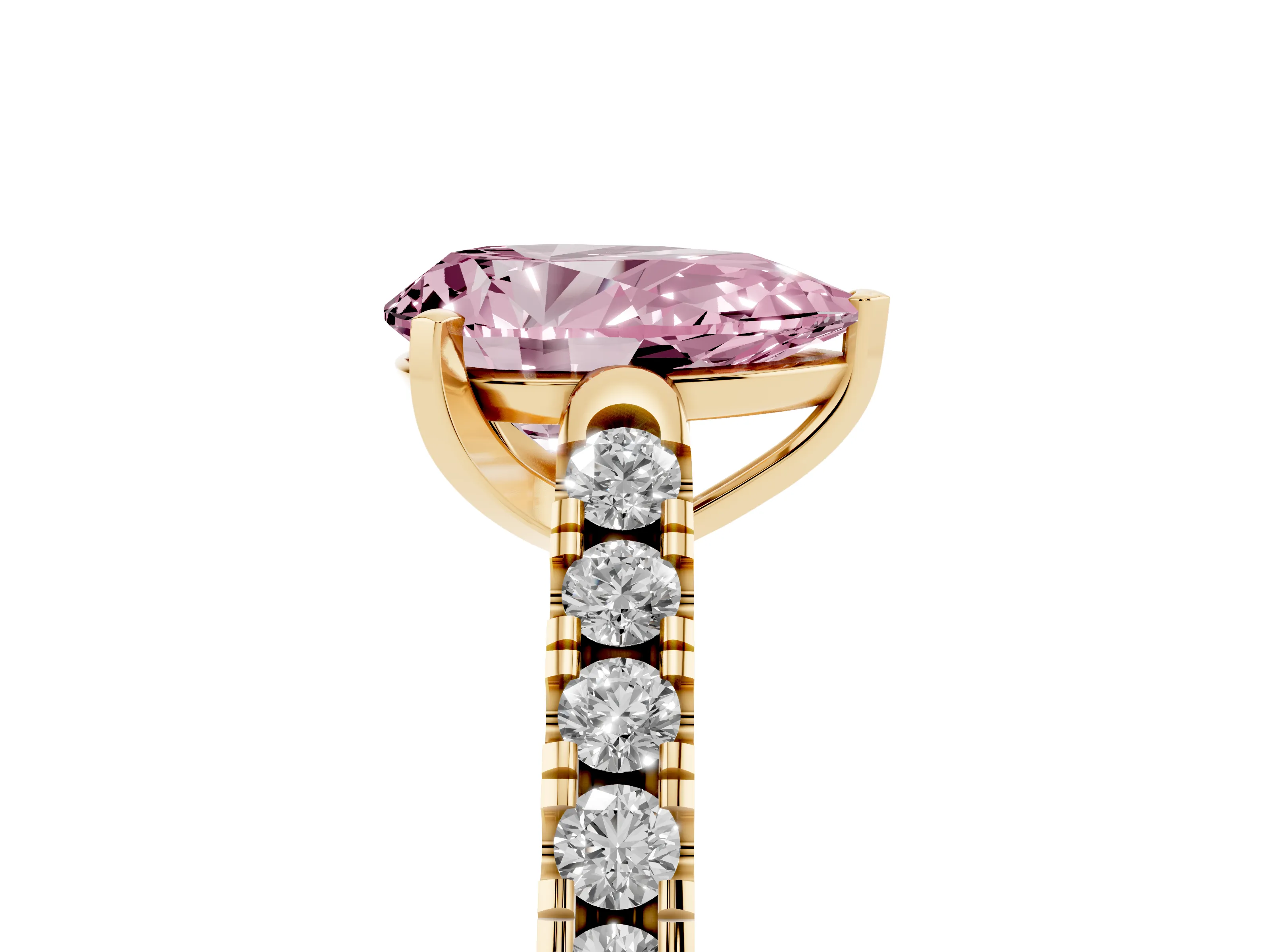 Fancy Pink Pear Cut Diamond Pavé Band Solitaire Ring Set in Yellow gold with Partway Accent Stones and Prong Setting