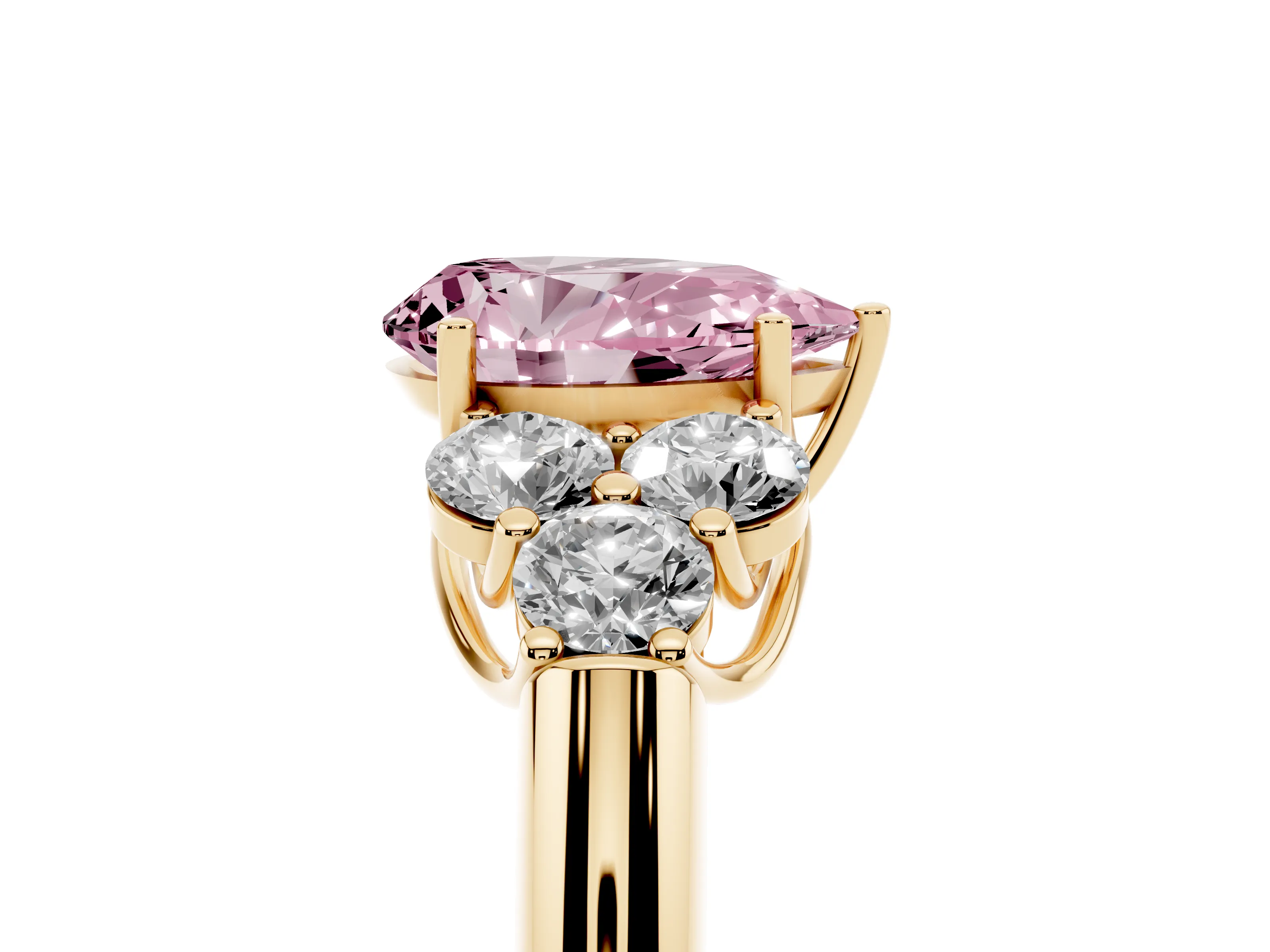 Fancy Pink Pear Cut Diamond Cluster Ring Set in Yellow gold with Round Accent Stones and Prong Setting on a Plain Band