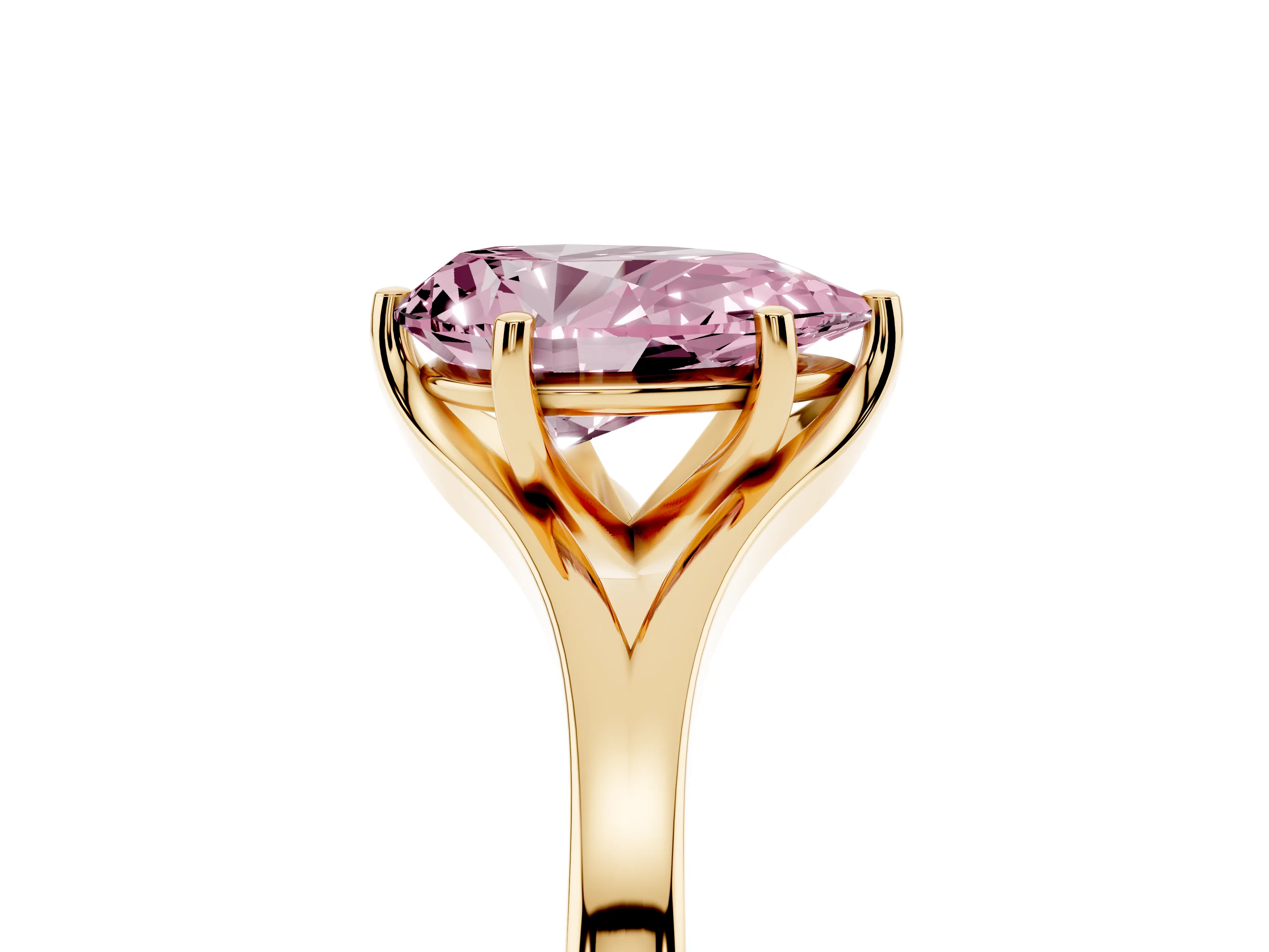 Fancy Pink Pear Cut Diamond Solitaire Ring Set in Yellow gold with Polished Tapered Band and Prong Setting