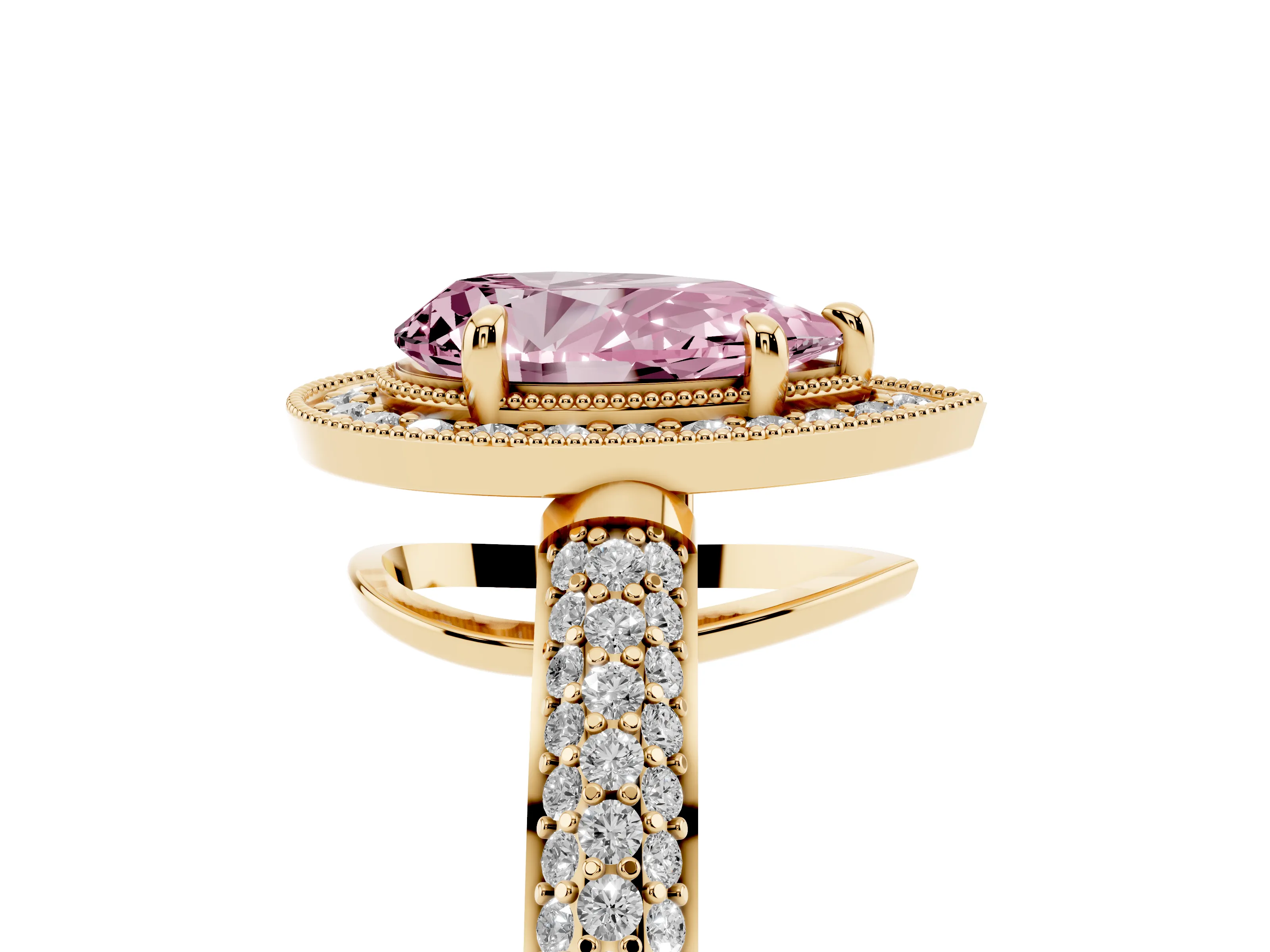Fancy Pink Pear Cut Diamond Halo Pavé Band Set in Yellow gold with Prong Setting