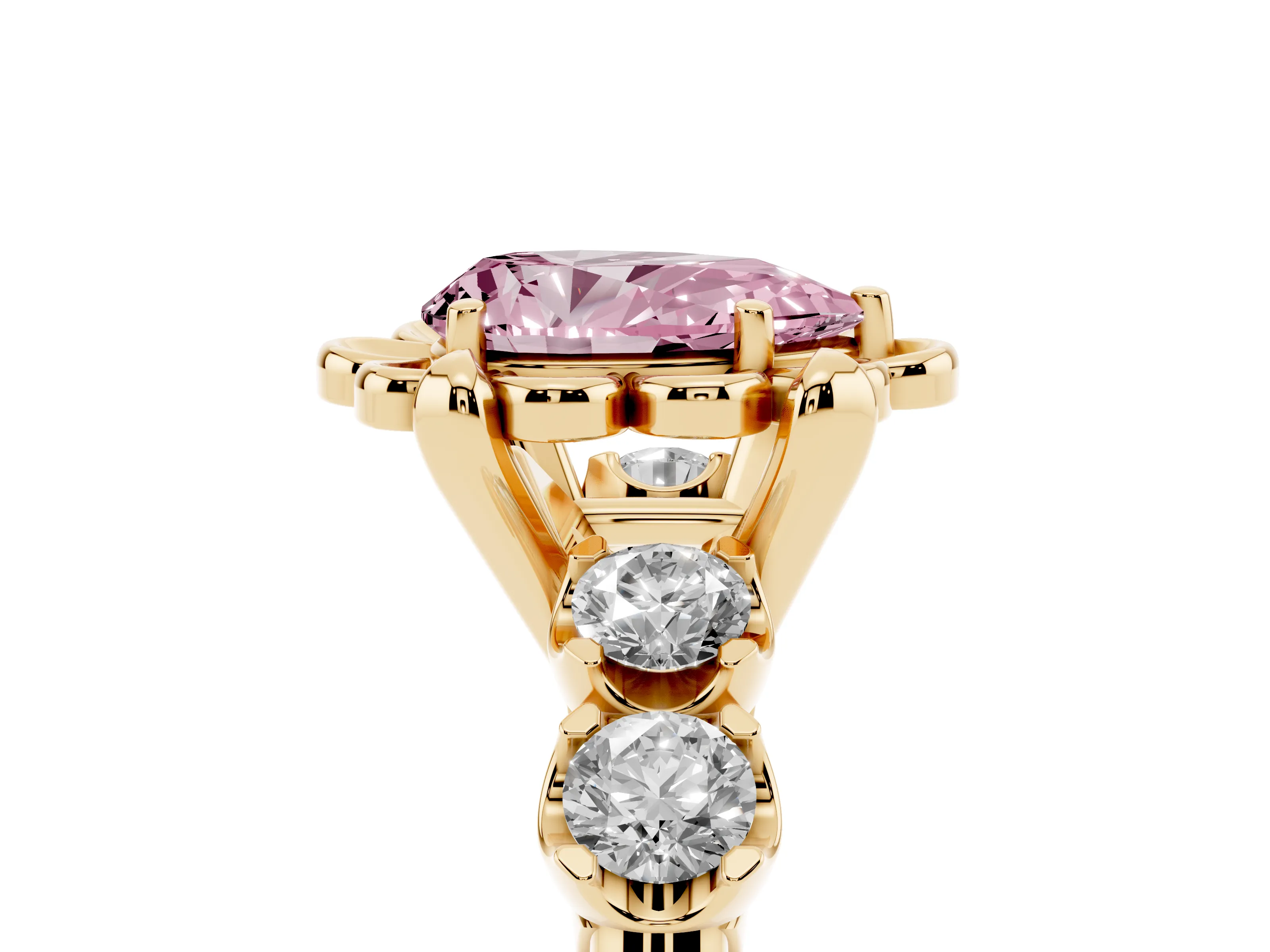 Fancy Pink Pear Cut Diamond Floral Halo Ring Set in Yellow gold with Shared Prong Band
